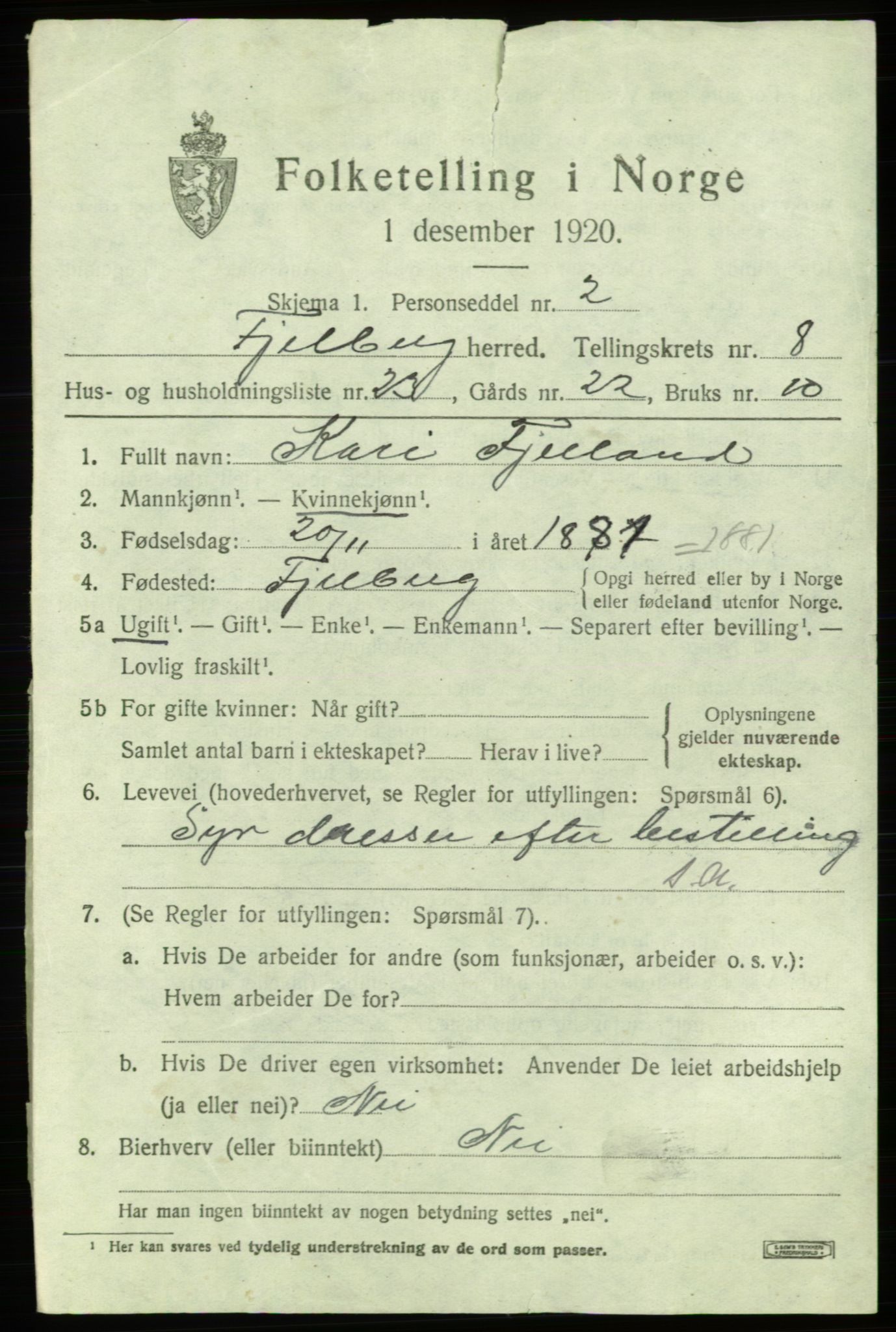 SAB, 1920 census for Fjelberg, 1920, p. 3507