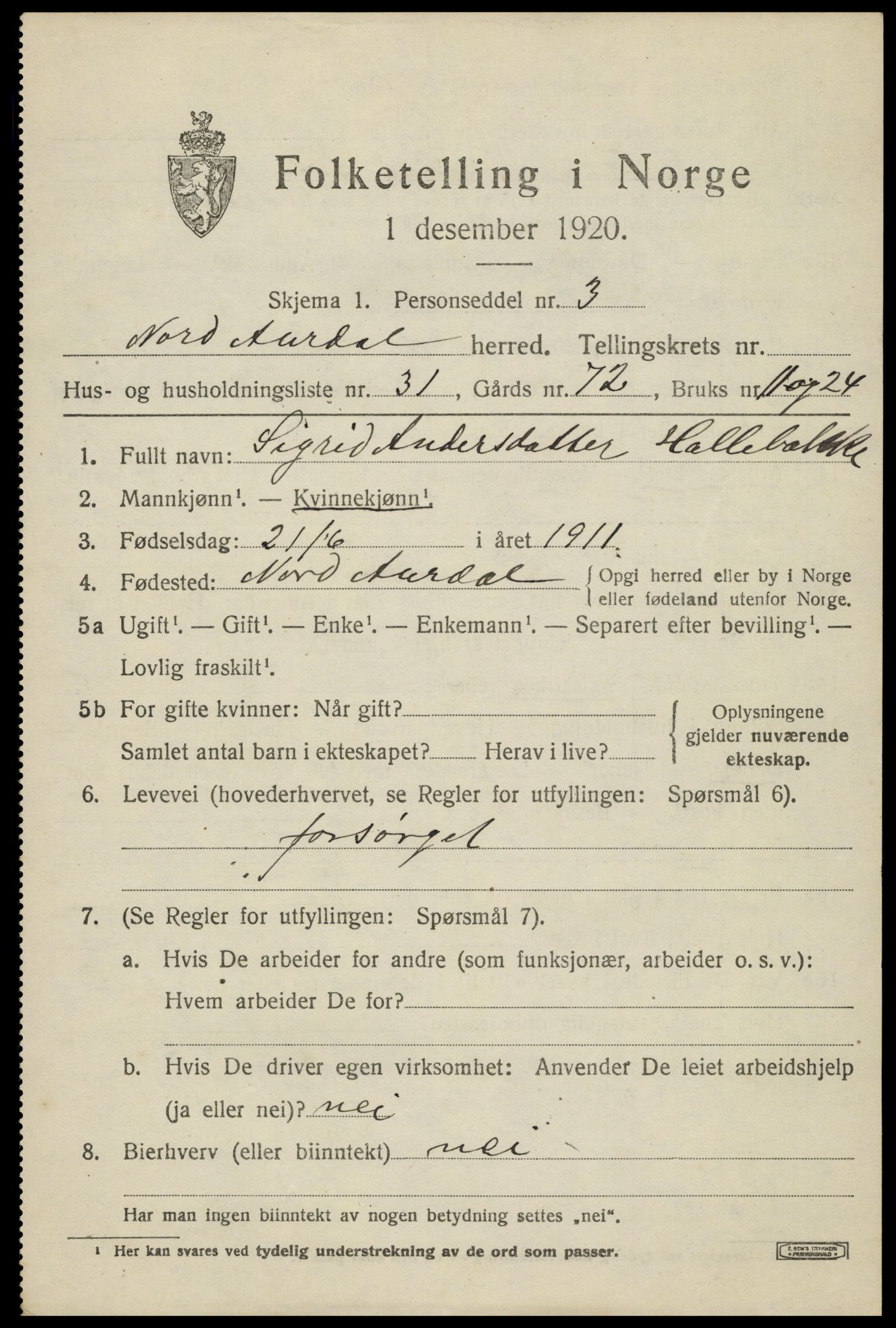 SAH, 1920 census for Nord-Aurdal, 1920, p. 7876
