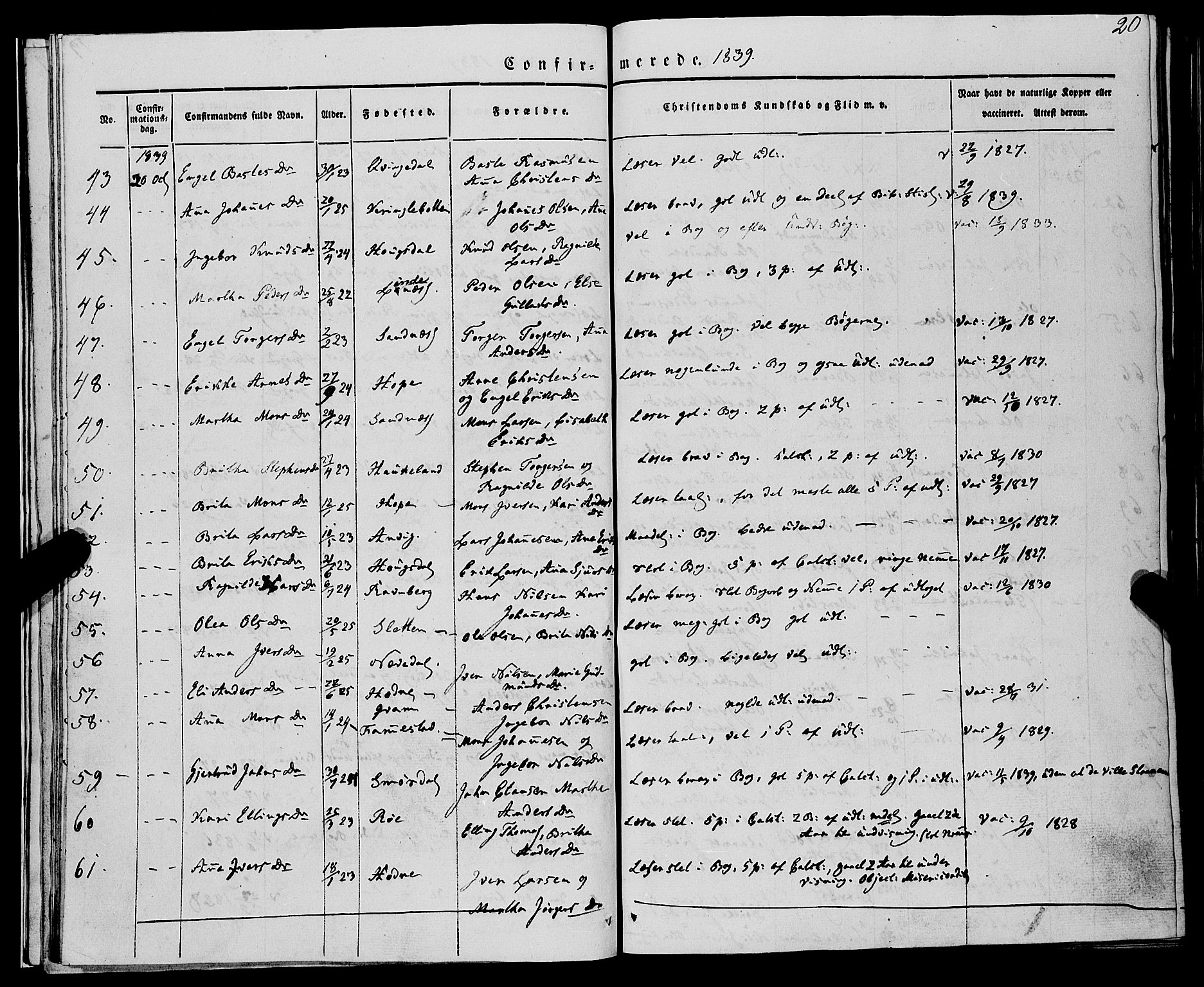 Lindås Sokneprestembete, AV/SAB-A-76701/H/Haa/Haaa/L0012: Parish register (official) no. A 12, 1836-1848, p. 20