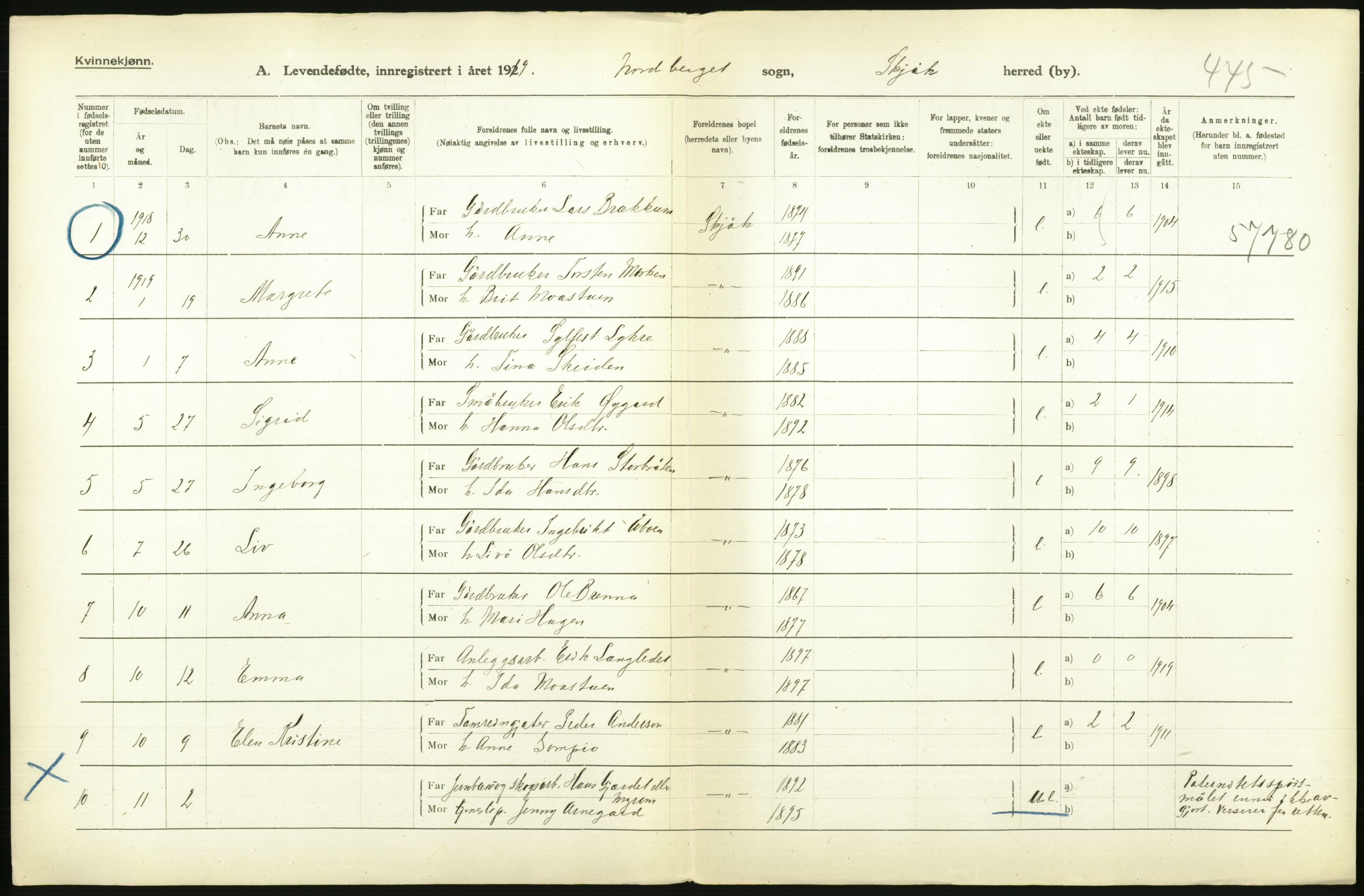 Statistisk sentralbyrå, Sosiodemografiske emner, Befolkning, RA/S-2228/D/Df/Dfb/Dfbi/L0014: Oppland fylke: Levendefødte menn og kvinner. Bygder og byer., 1919, p. 670