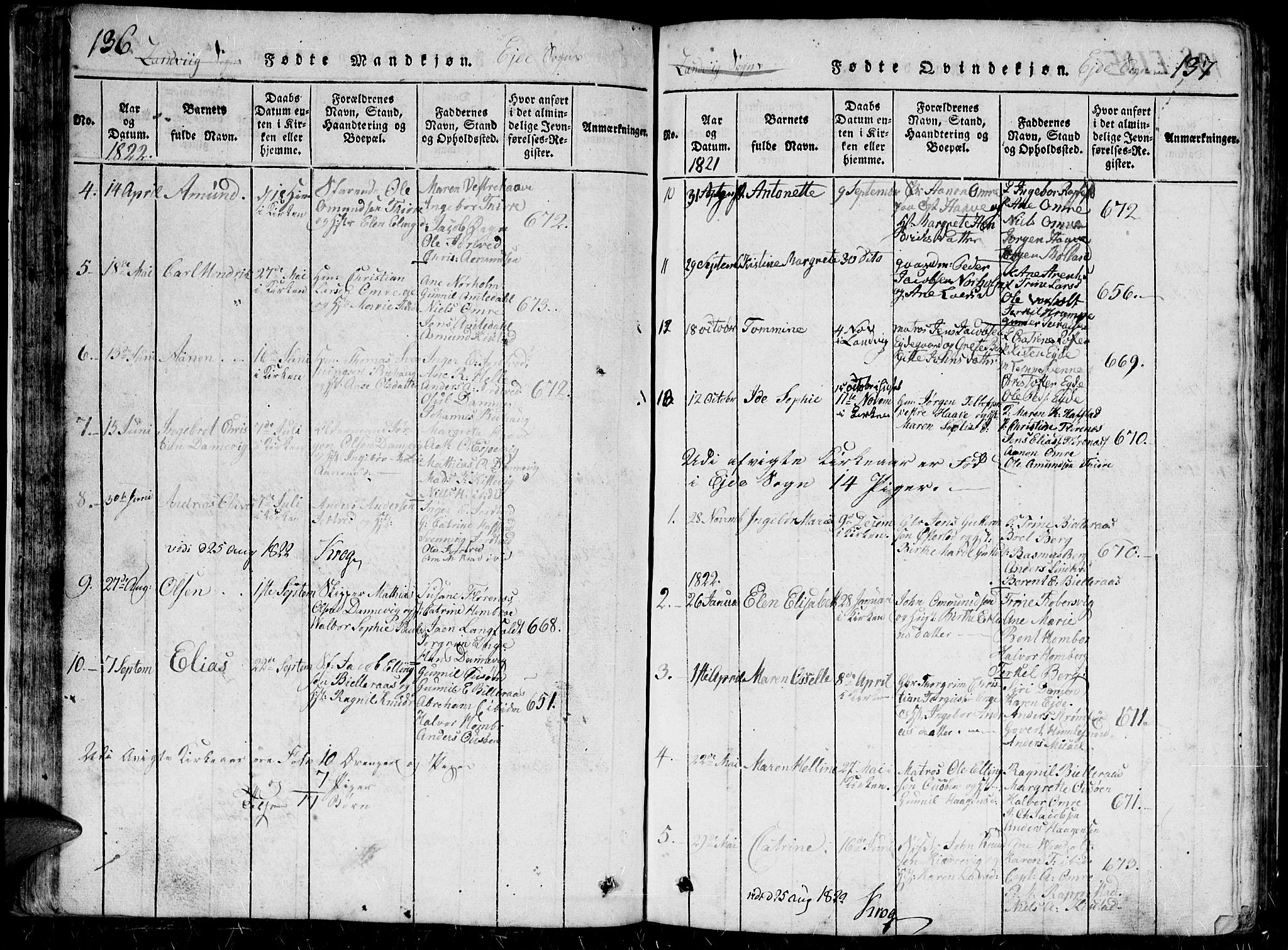 Hommedal sokneprestkontor, AV/SAK-1111-0023/F/Fb/Fbb/L0003: Parish register (copy) no. B 3 /2, 1816-1850, p. 136-137