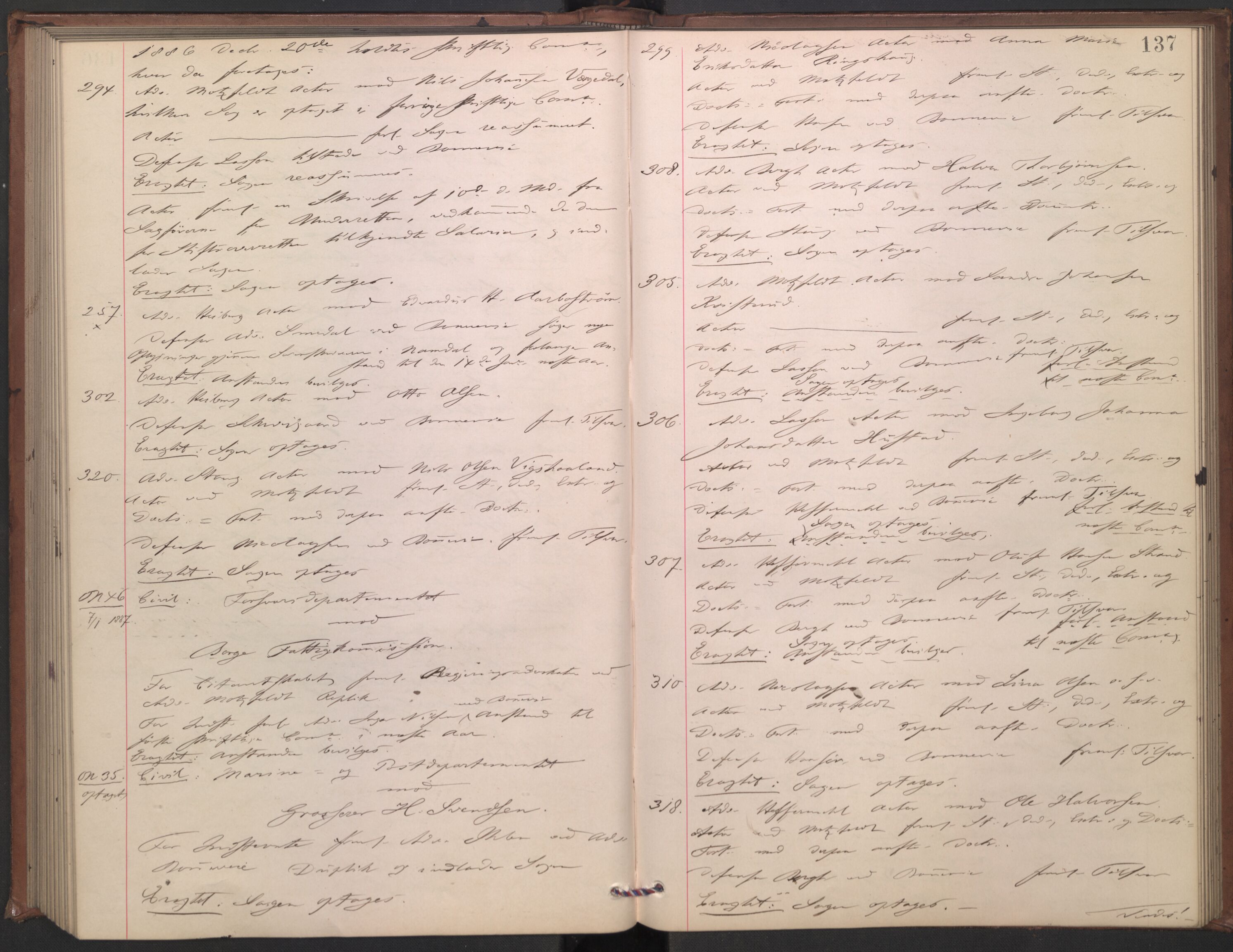 Høyesterett, AV/RA-S-1002/E/Ef/L0015: Protokoll over saker som gikk til skriftlig behandling, 1884-1888, p. 136b-137a