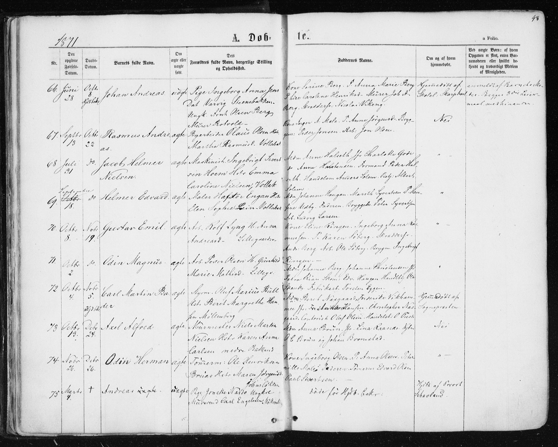 Ministerialprotokoller, klokkerbøker og fødselsregistre - Sør-Trøndelag, SAT/A-1456/604/L0186: Parish register (official) no. 604A07, 1866-1877, p. 48