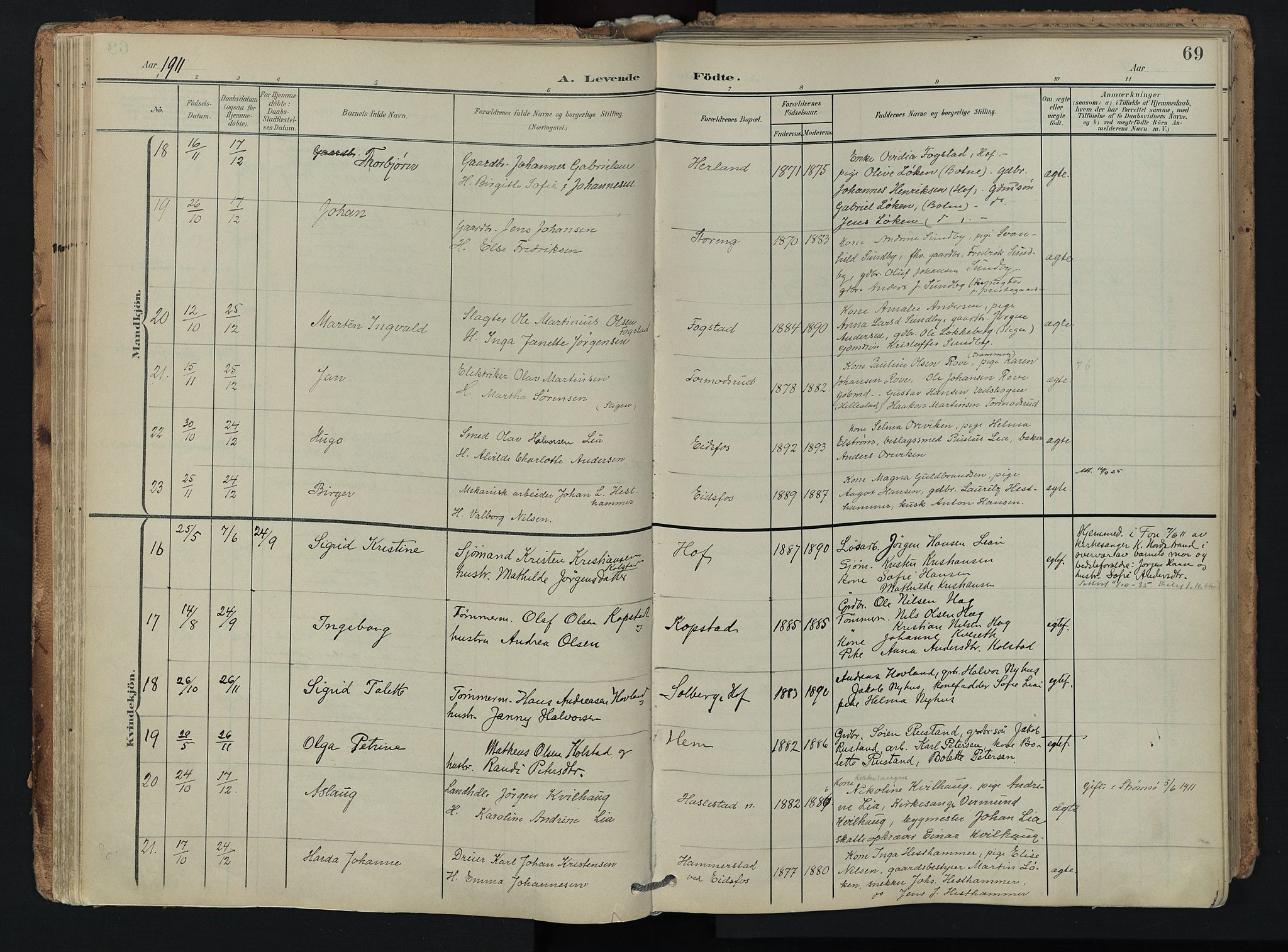 Hof kirkebøker, AV/SAKO-A-64/F/Fa/L0008: Parish register (official) no. I 8, 1902-1921, p. 69