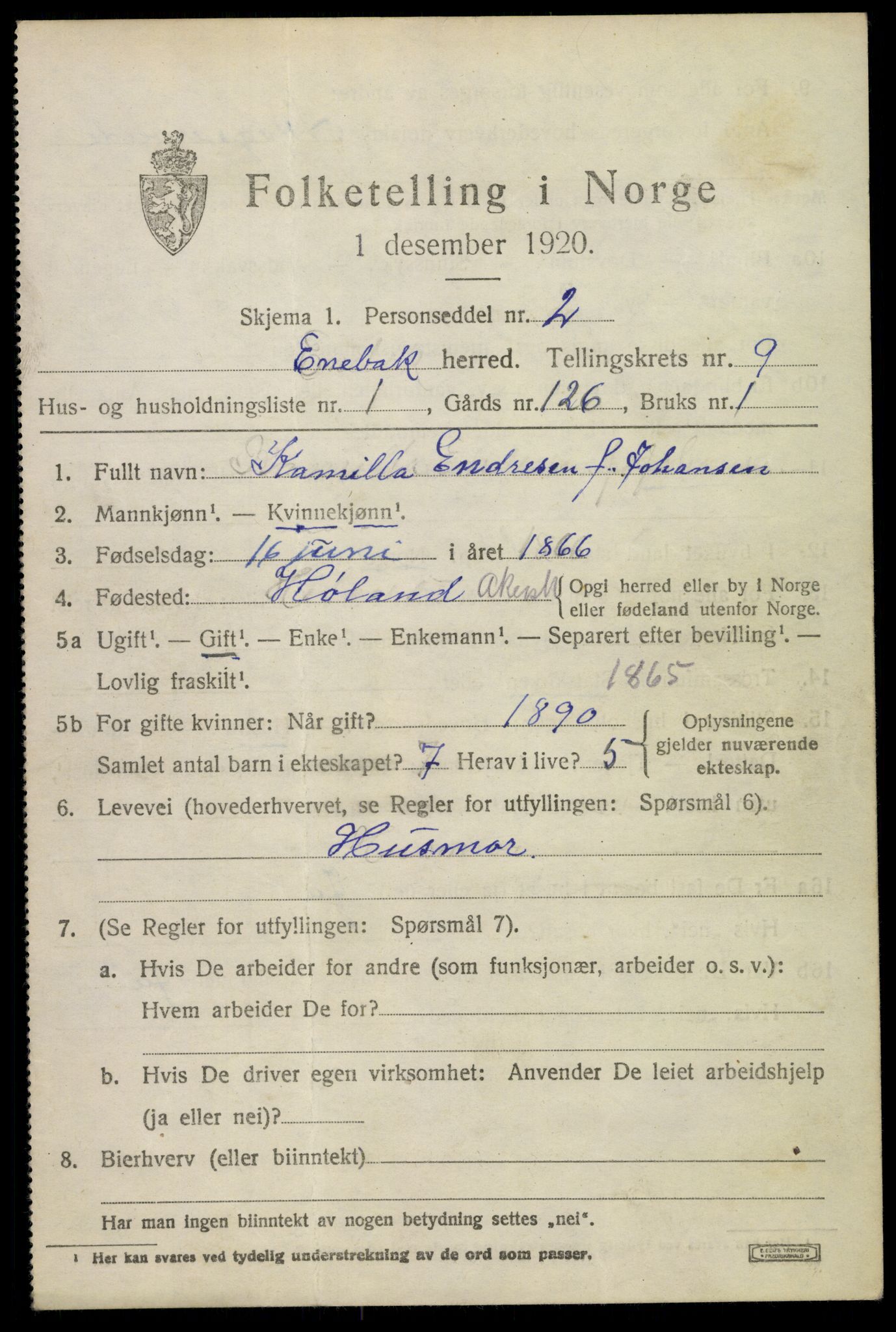 SAO, 1920 census for Enebakk, 1920, p. 7561