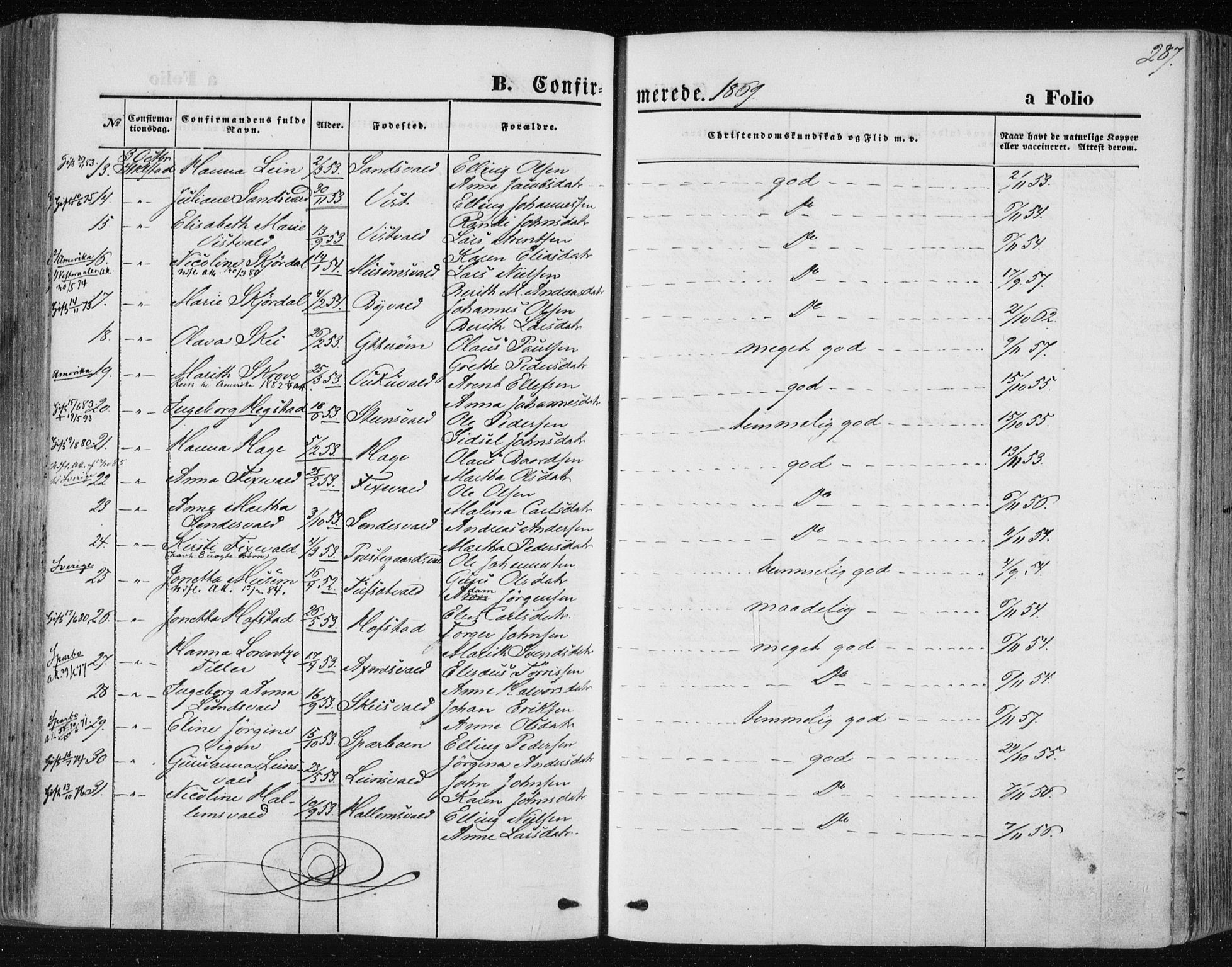 Ministerialprotokoller, klokkerbøker og fødselsregistre - Nord-Trøndelag, AV/SAT-A-1458/723/L0241: Parish register (official) no. 723A10, 1860-1869, p. 287