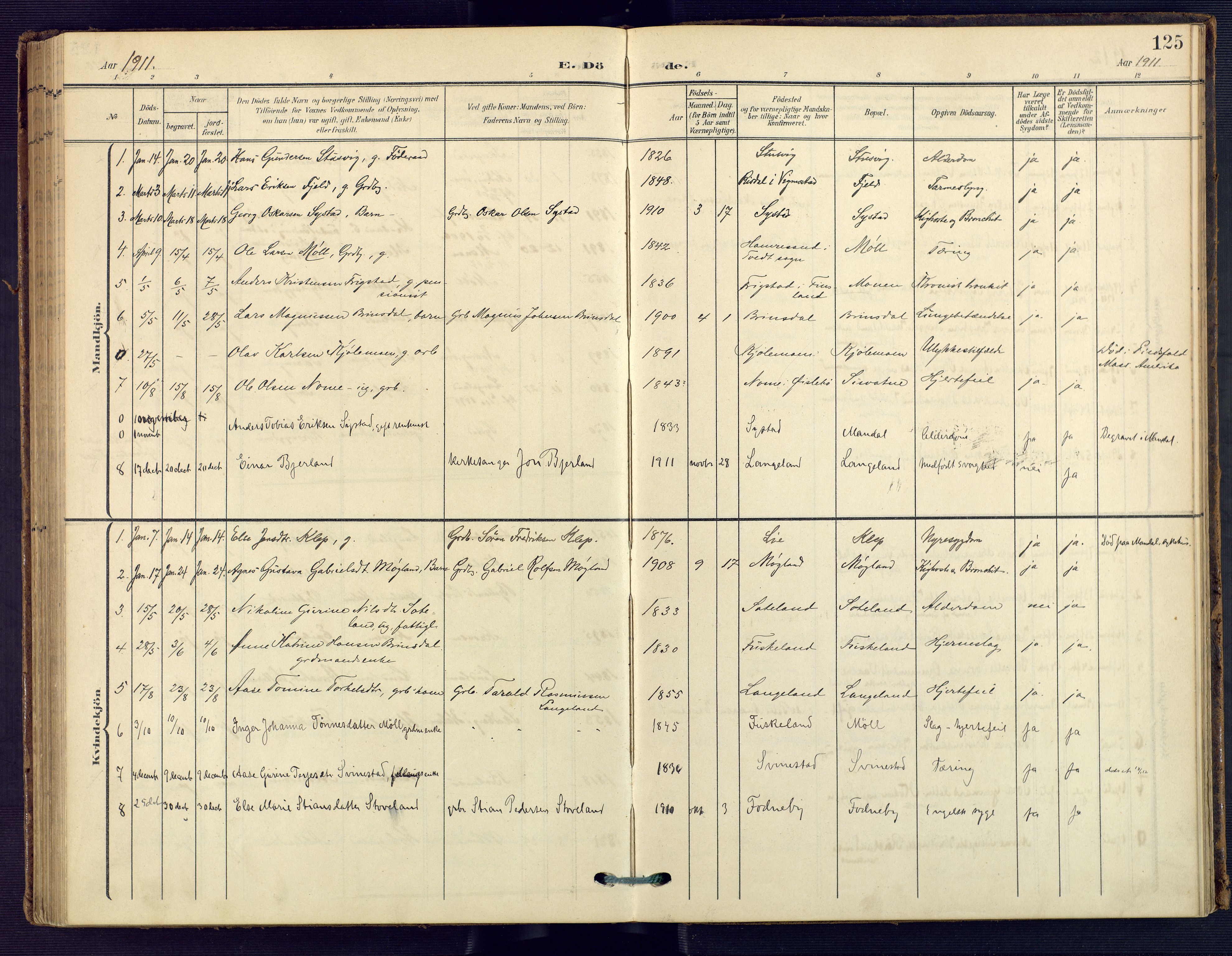 Holum sokneprestkontor, SAK/1111-0022/F/Fa/Faa/L0008: Parish register (official) no. A 8, 1908-1929, p. 125