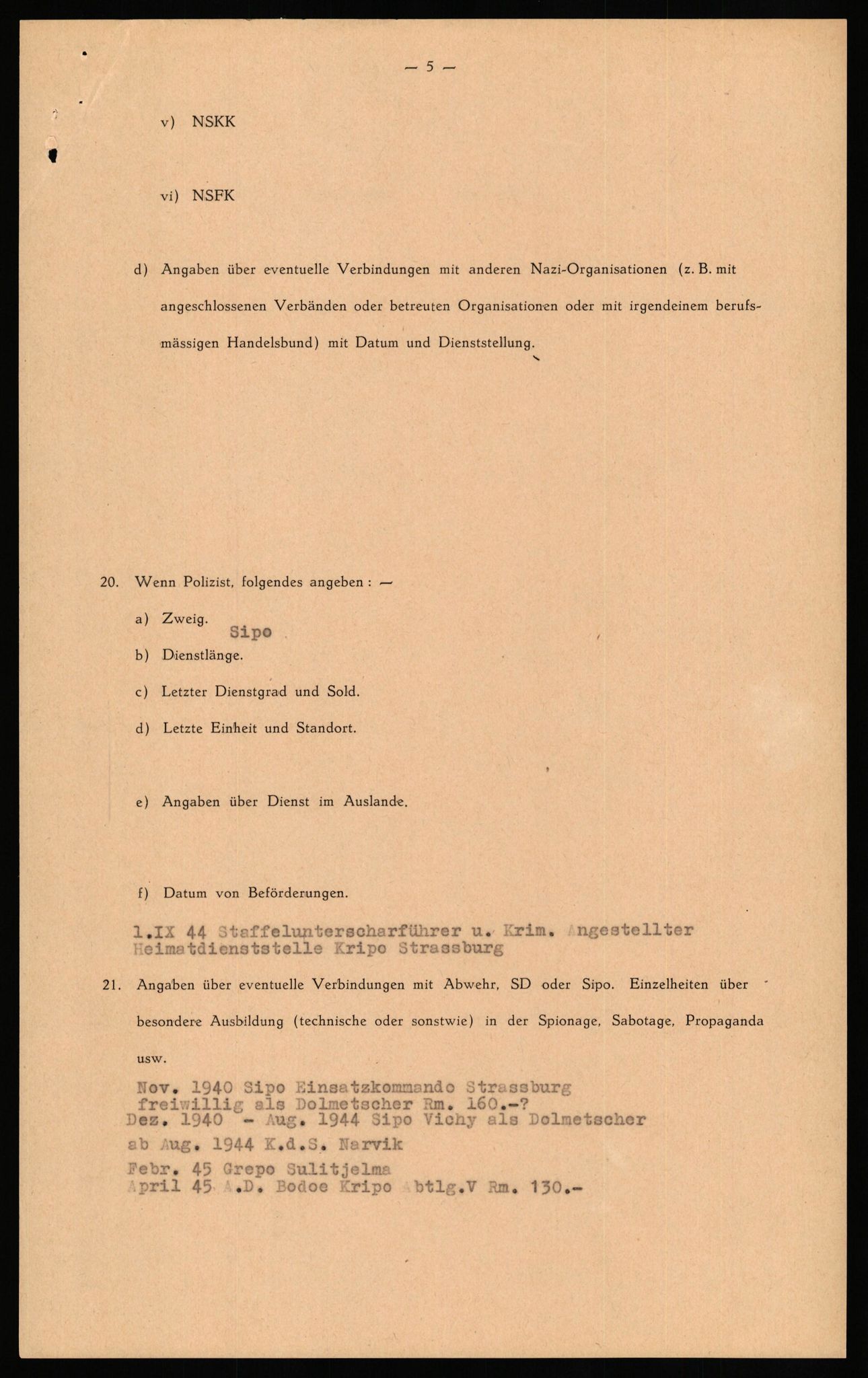 Forsvaret, Forsvarets overkommando II, RA/RAFA-3915/D/Db/L0028: CI Questionaires. Tyske okkupasjonsstyrker i Norge. Tyskere., 1945-1946, p. 168