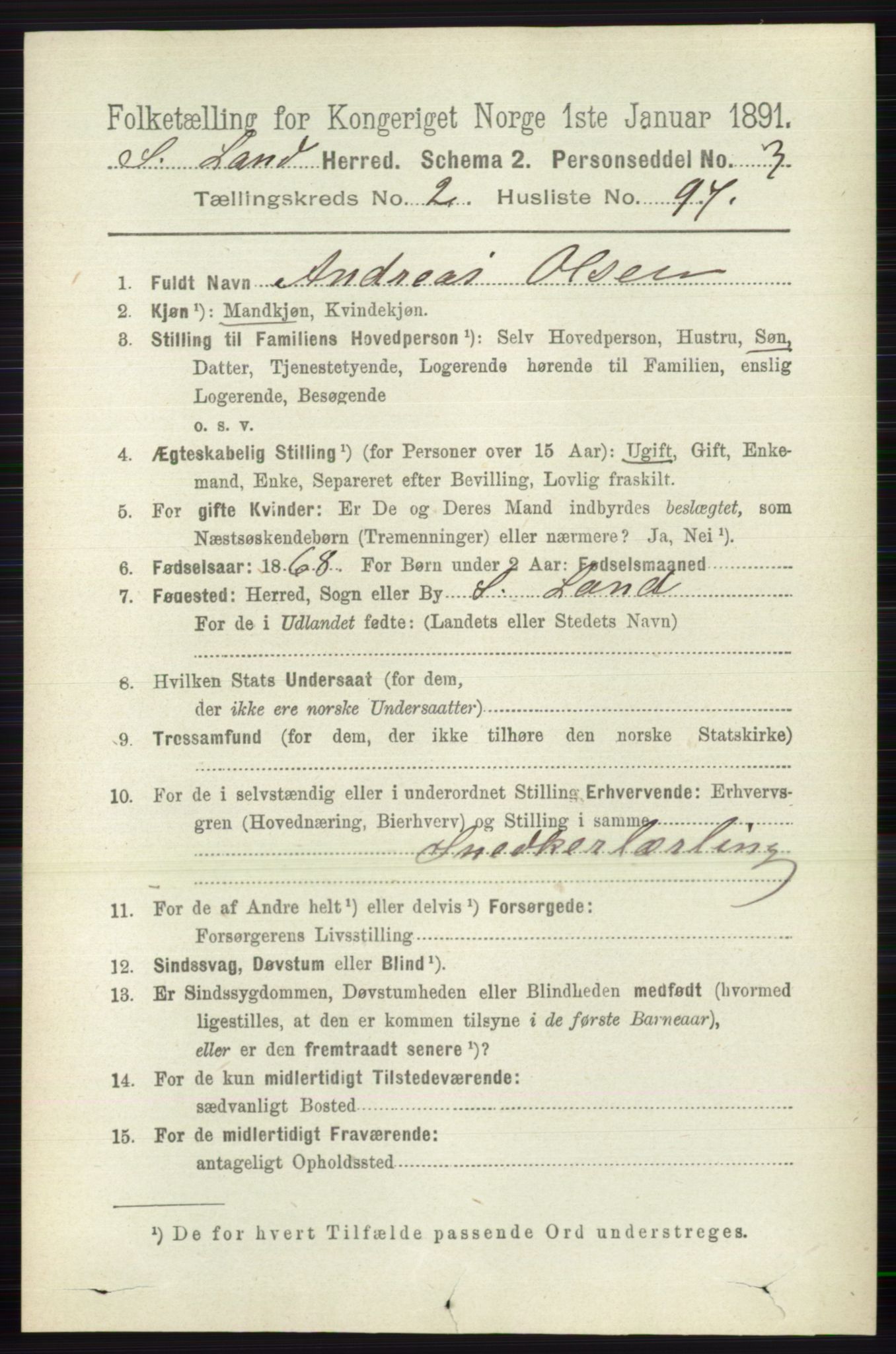 RA, 1891 census for 0536 Søndre Land, 1891, p. 1614