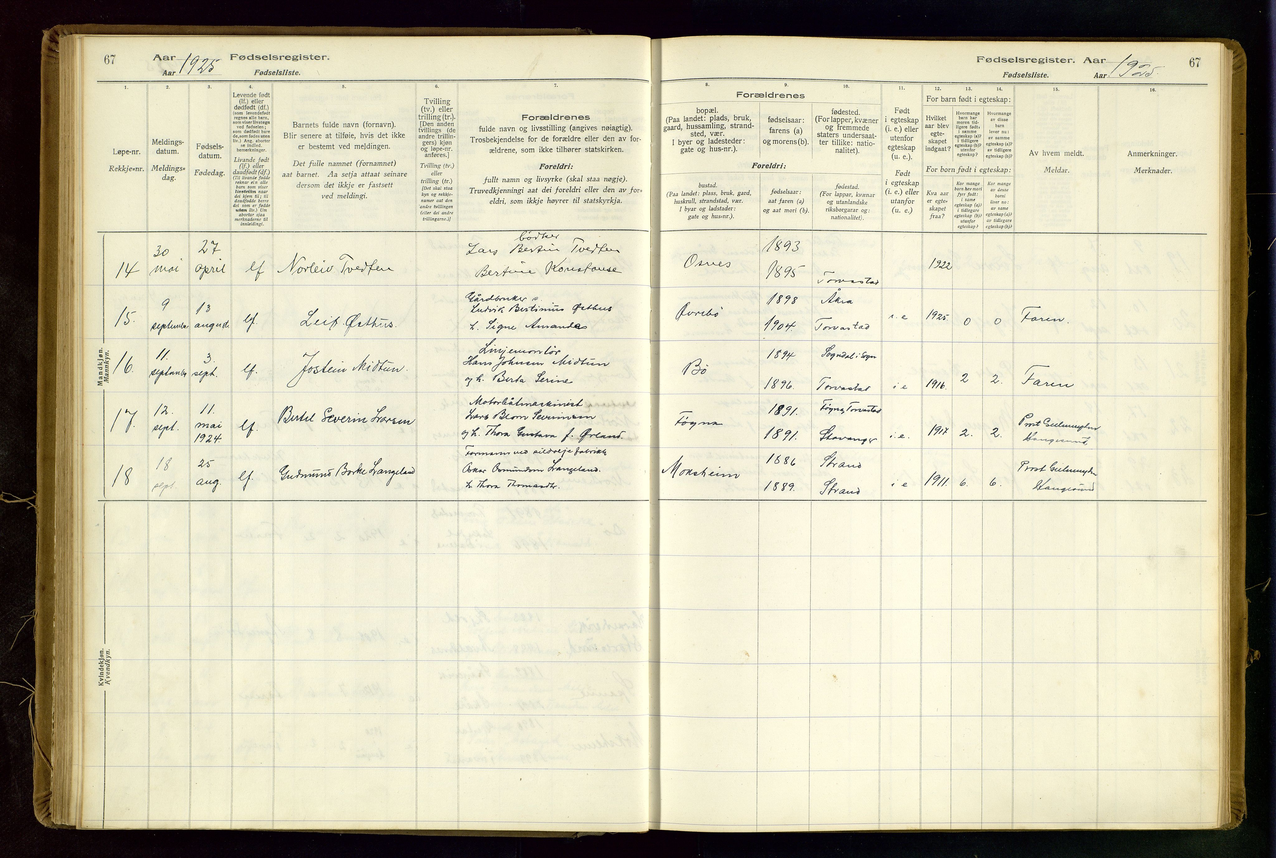 Torvastad sokneprestkontor, AV/SAST-A -101857/I/Id/L0002: Birth register no. 2, 1916-1950, p. 67