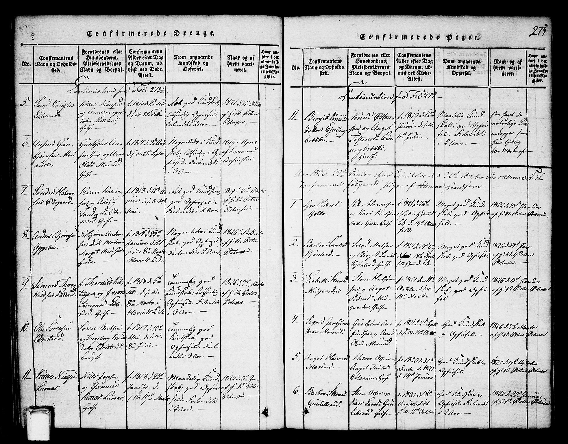 Tinn kirkebøker, SAKO/A-308/G/Ga/L0001: Parish register (copy) no. I 1, 1815-1850, p. 275