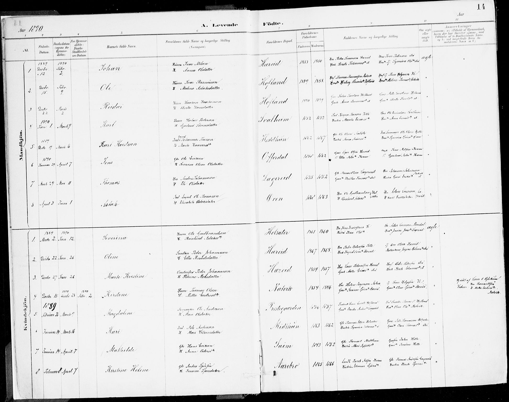 Årdal sokneprestembete, SAB/A-81701: Parish register (official) no. A 5, 1887-1917, p. 14