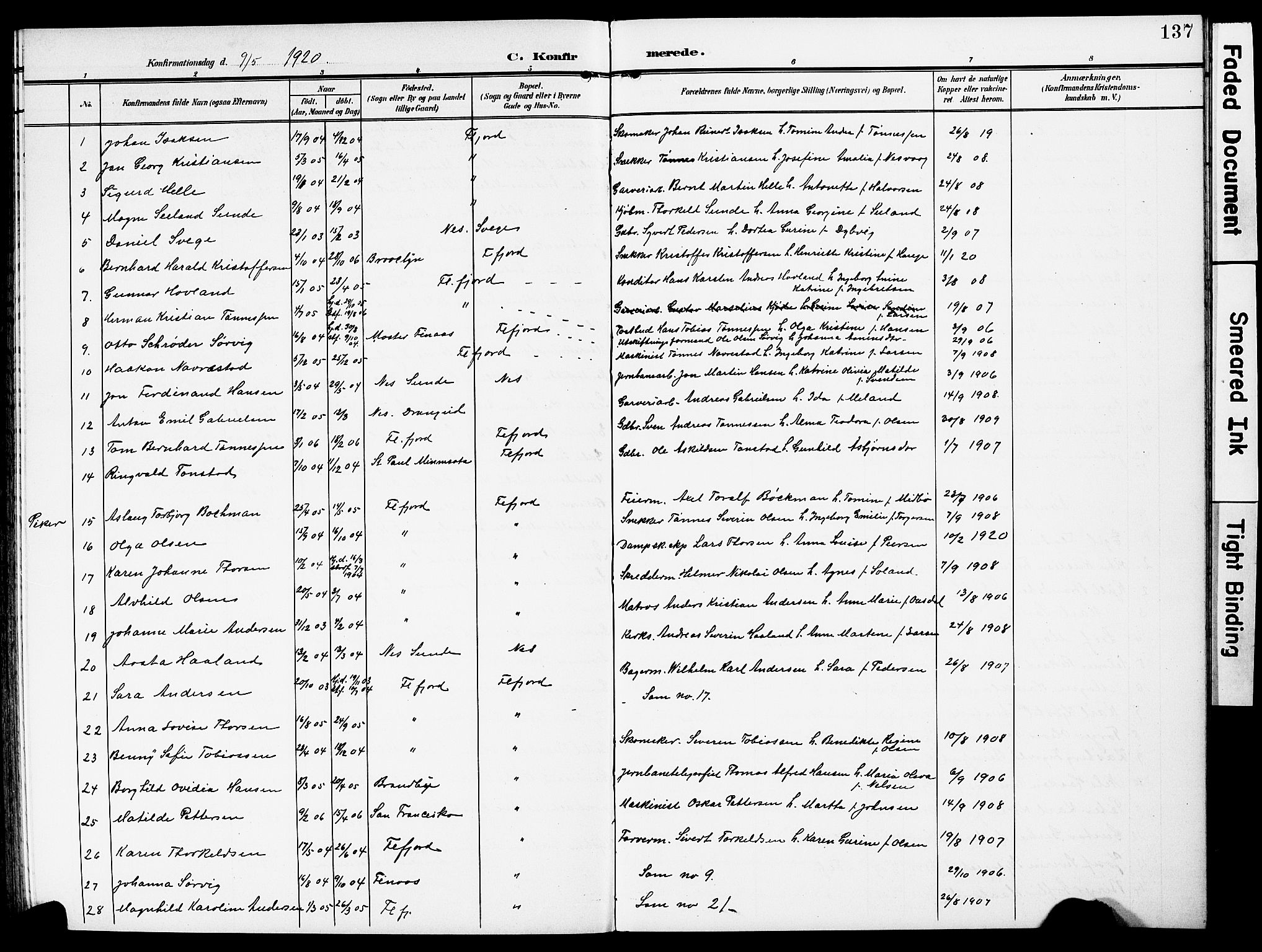 Flekkefjord sokneprestkontor, SAK/1111-0012/F/Fb/Fba/L0001: Parish register (copy) no. B 1, 1903-1931, p. 137