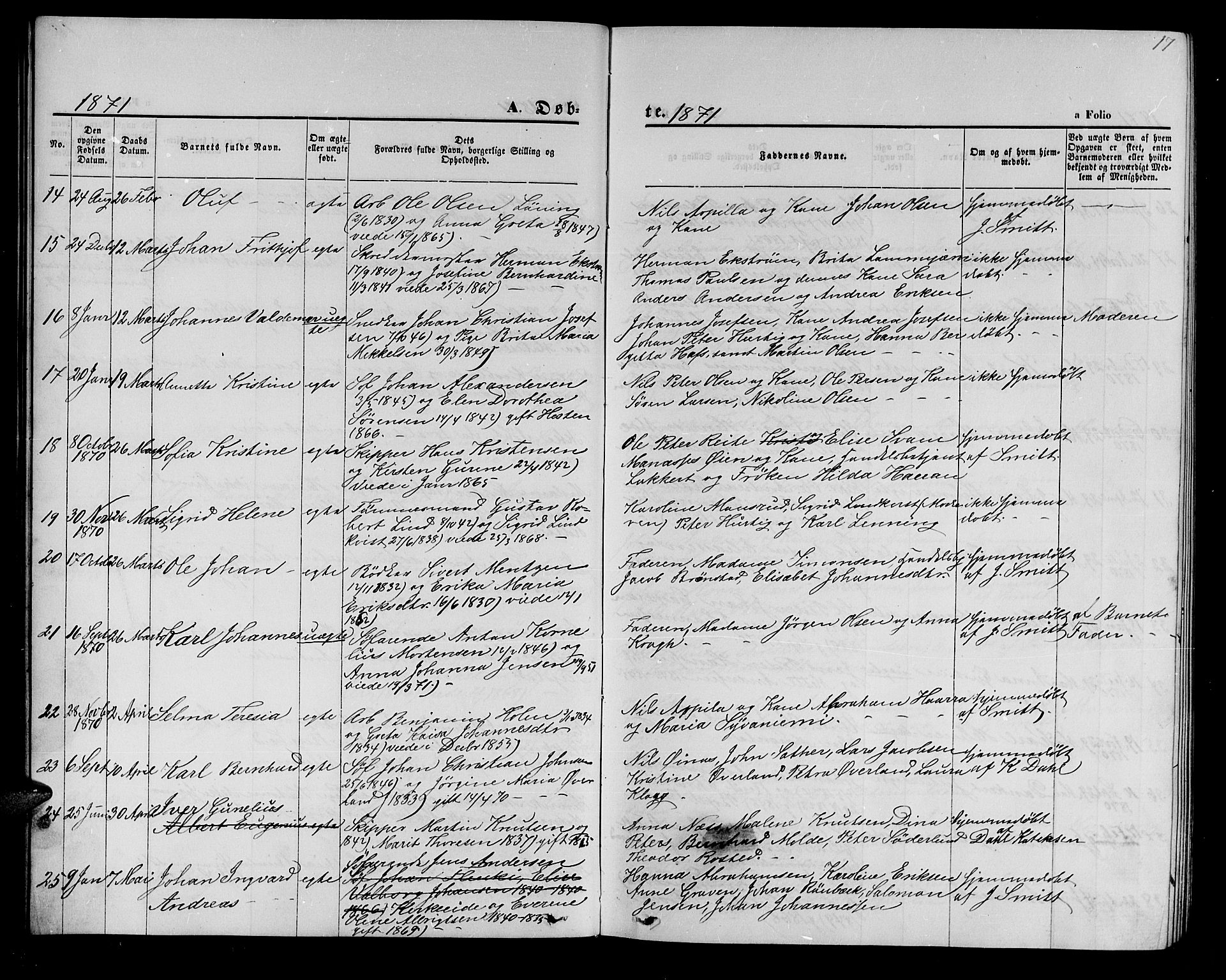 Hammerfest sokneprestkontor, SATØ/S-1347/H/Hb/L0004.klokk: Parish register (copy) no. 4, 1869-1877, p. 17