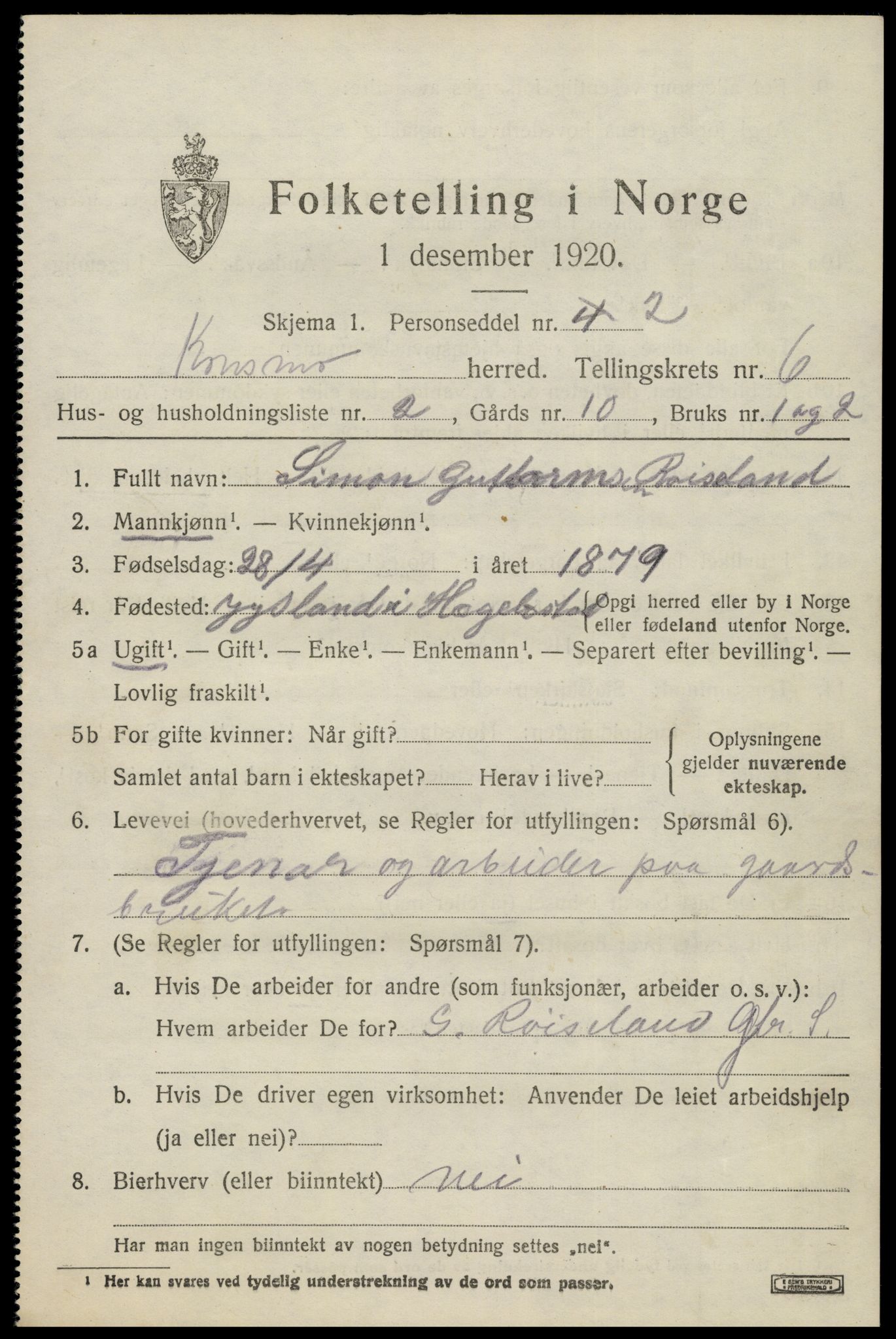 SAK, 1920 census for Konsmo, 1920, p. 1408