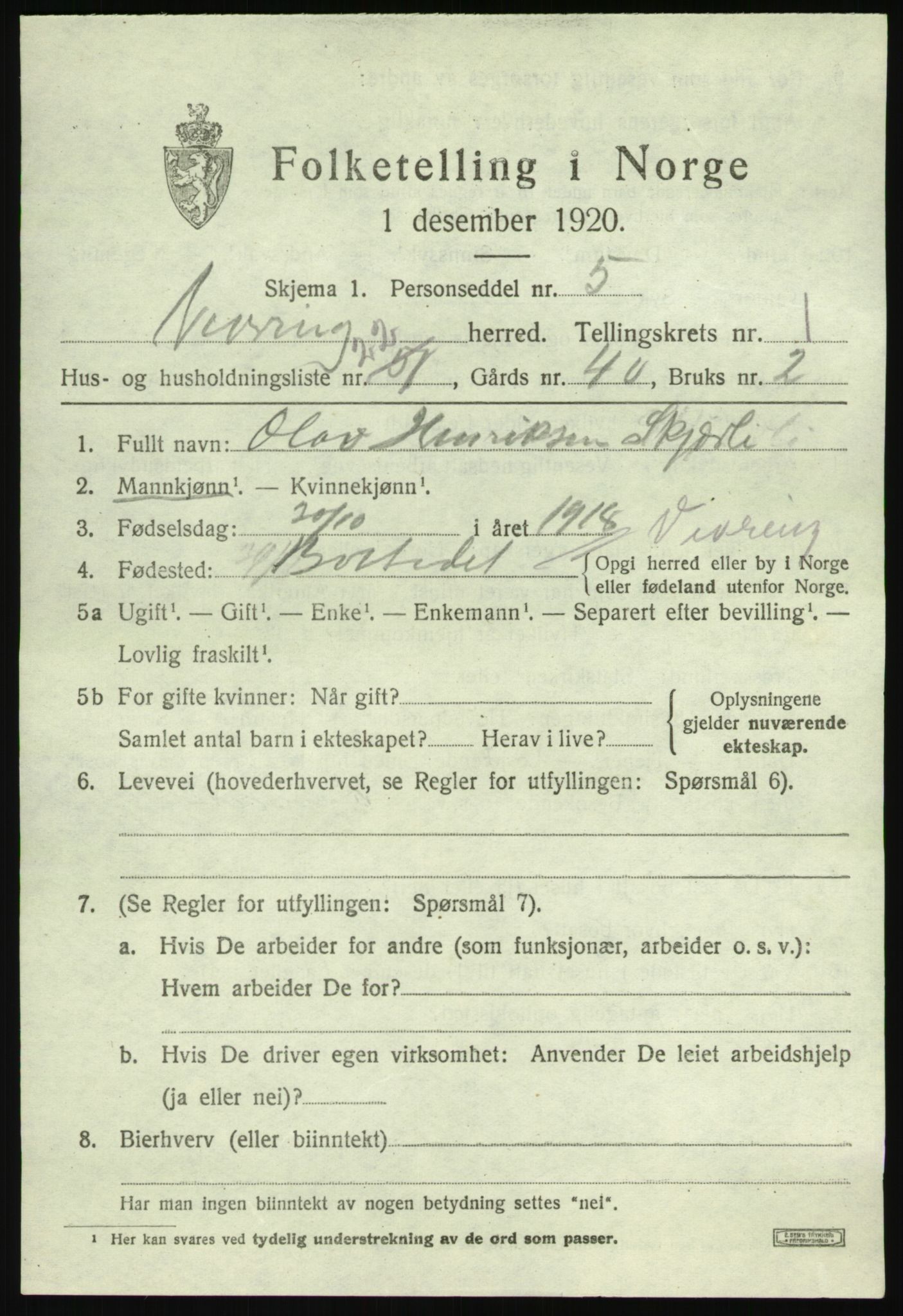 SAB, 1920 census for Vevring, 1920, p. 670