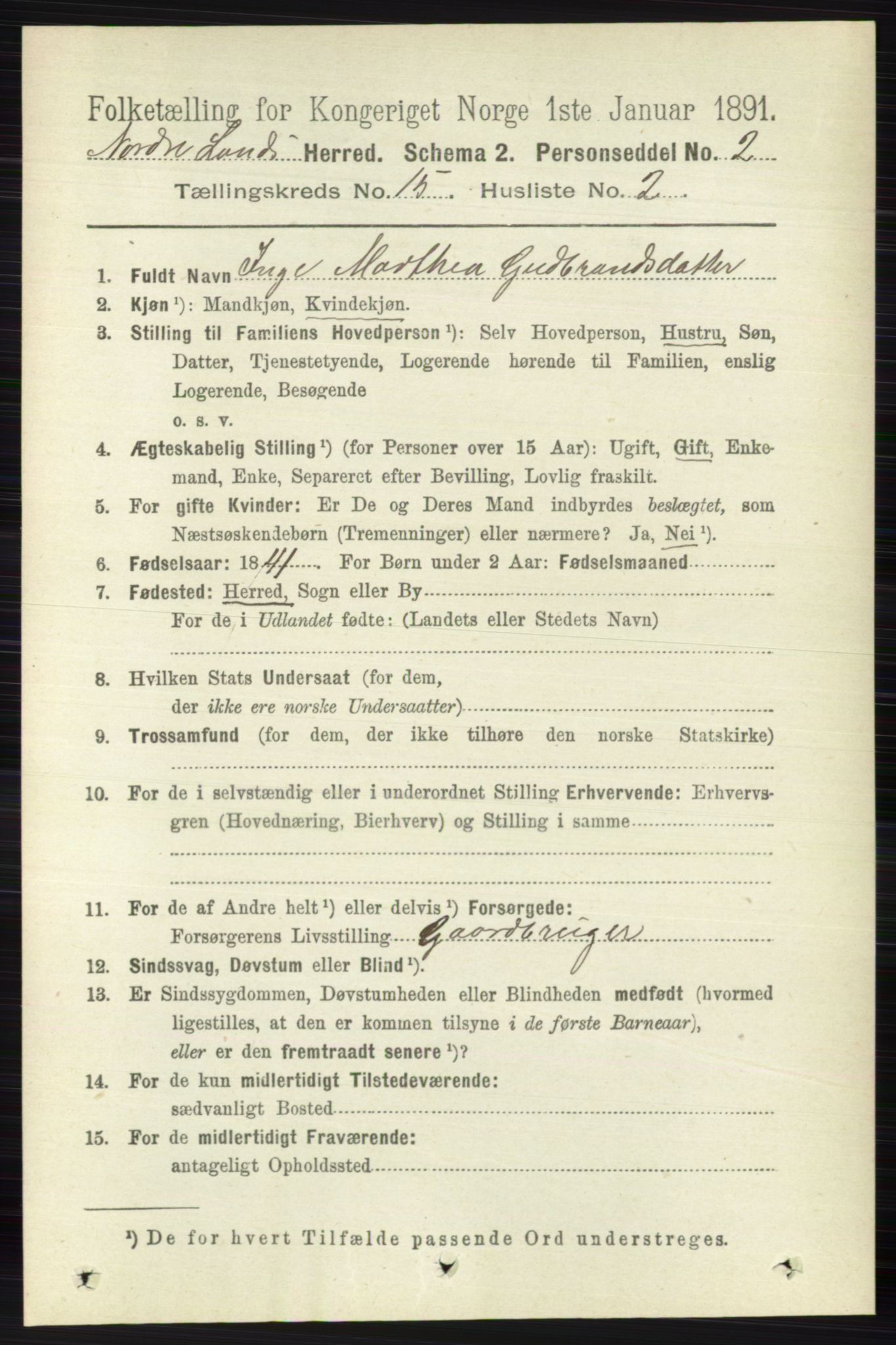 RA, 1891 census for 0538 Nordre Land, 1891, p. 3803