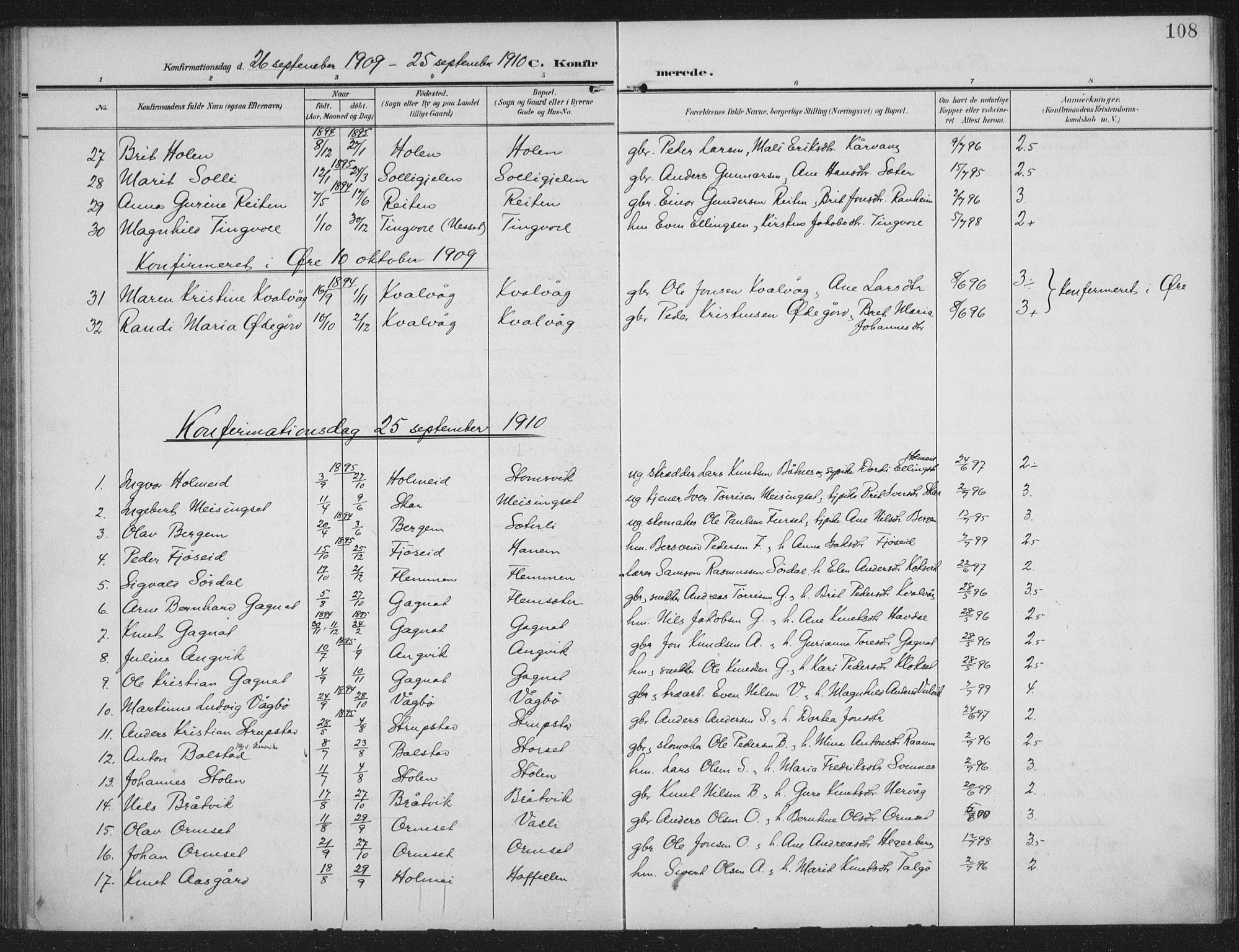 Ministerialprotokoller, klokkerbøker og fødselsregistre - Møre og Romsdal, AV/SAT-A-1454/586/L0989: Parish register (official) no. 586A15, 1906-1915, p. 108