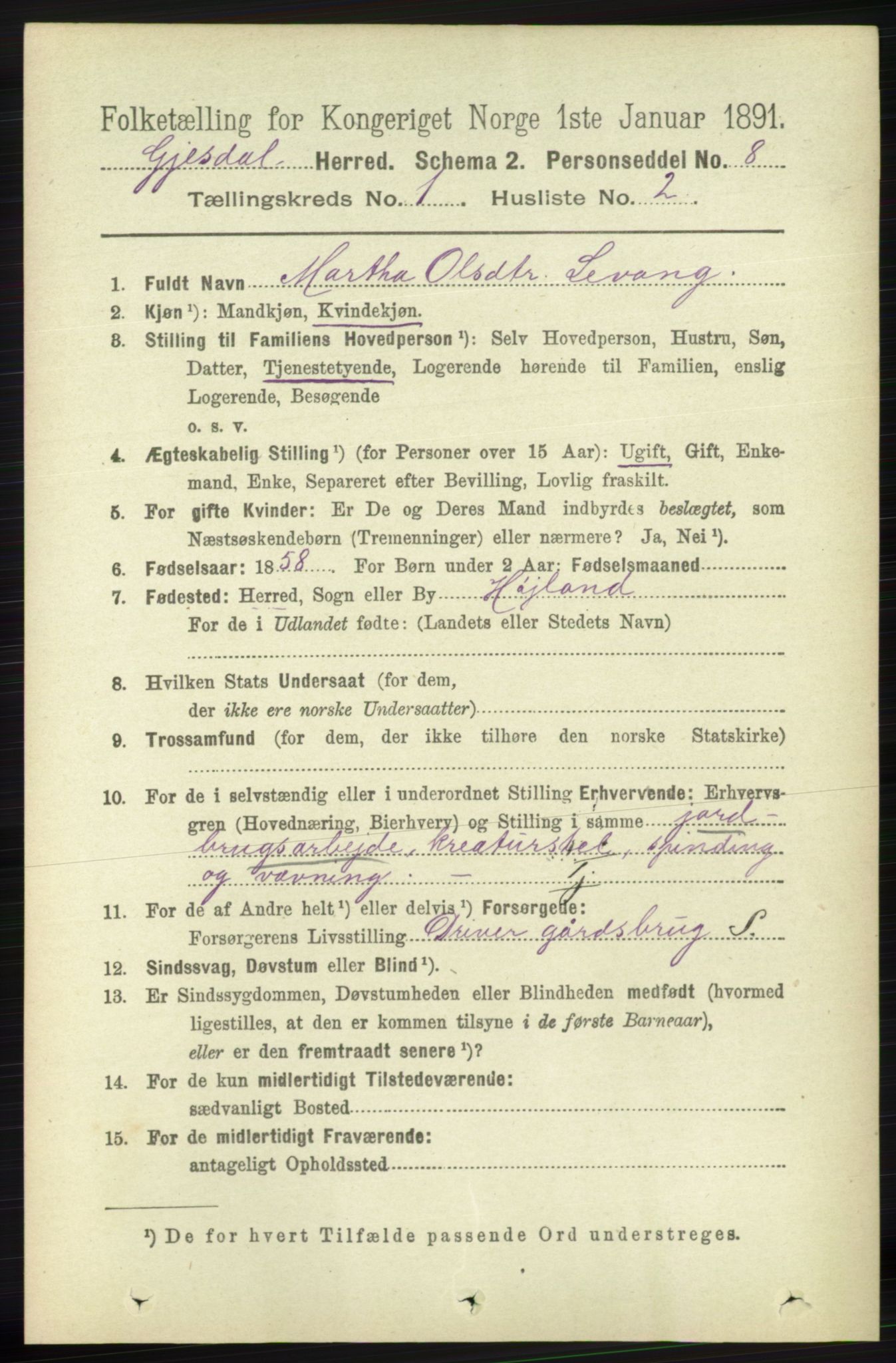 RA, 1891 census for 1122 Gjesdal, 1891, p. 72