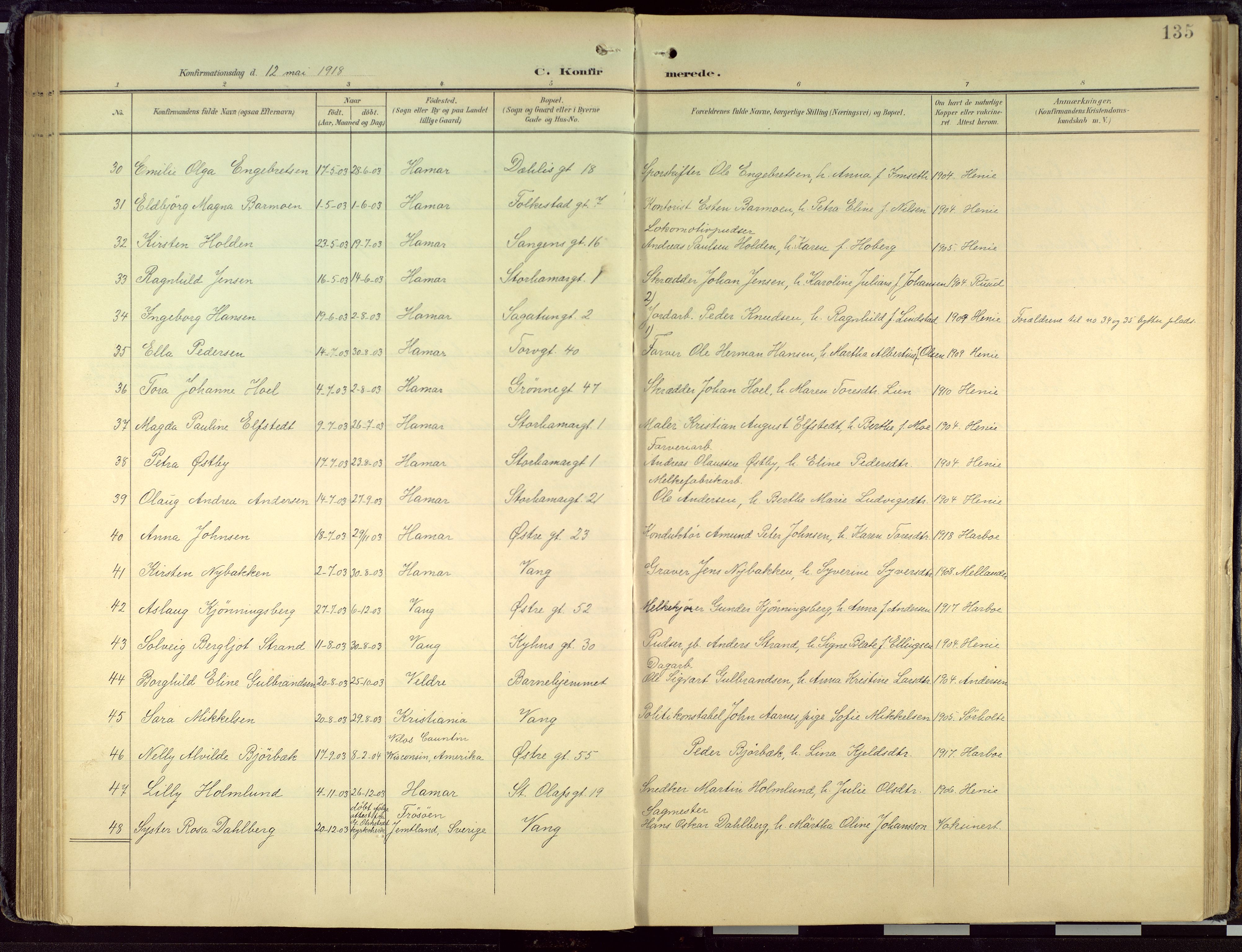 Hamar prestekontor, SAH/DOMPH-002/H/Ha/Haa/L0004: Parish register (official) no. 4, 1899-1973, p. 135