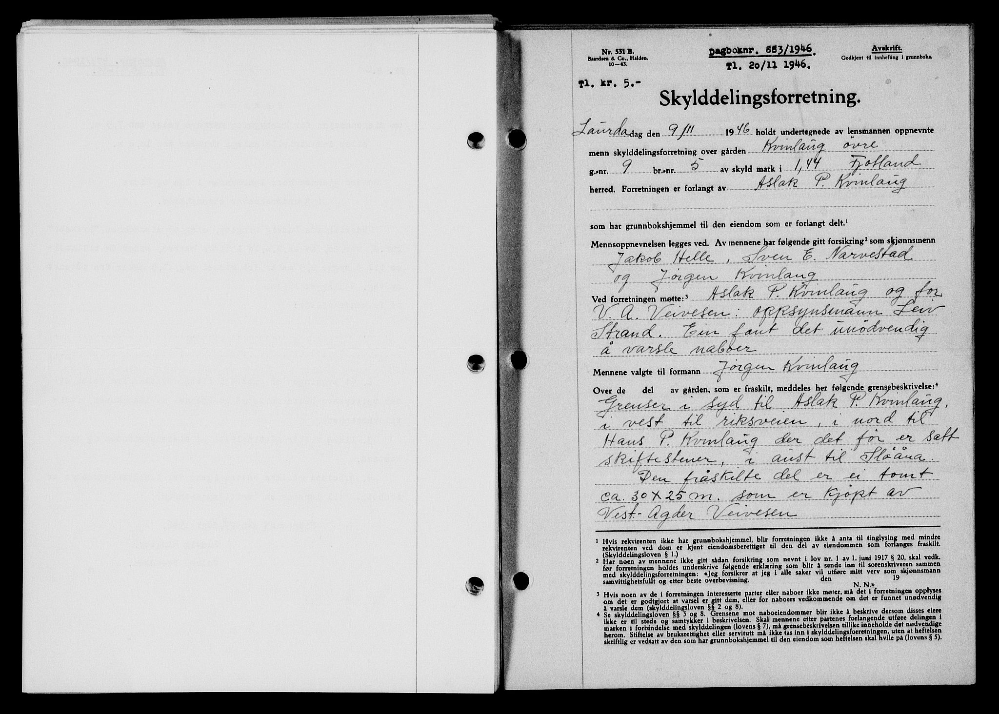 Flekkefjord sorenskriveri, SAK/1221-0001/G/Gb/Gba/L0061: Mortgage book no. A-9, 1946-1947, Diary no: : 883/1946