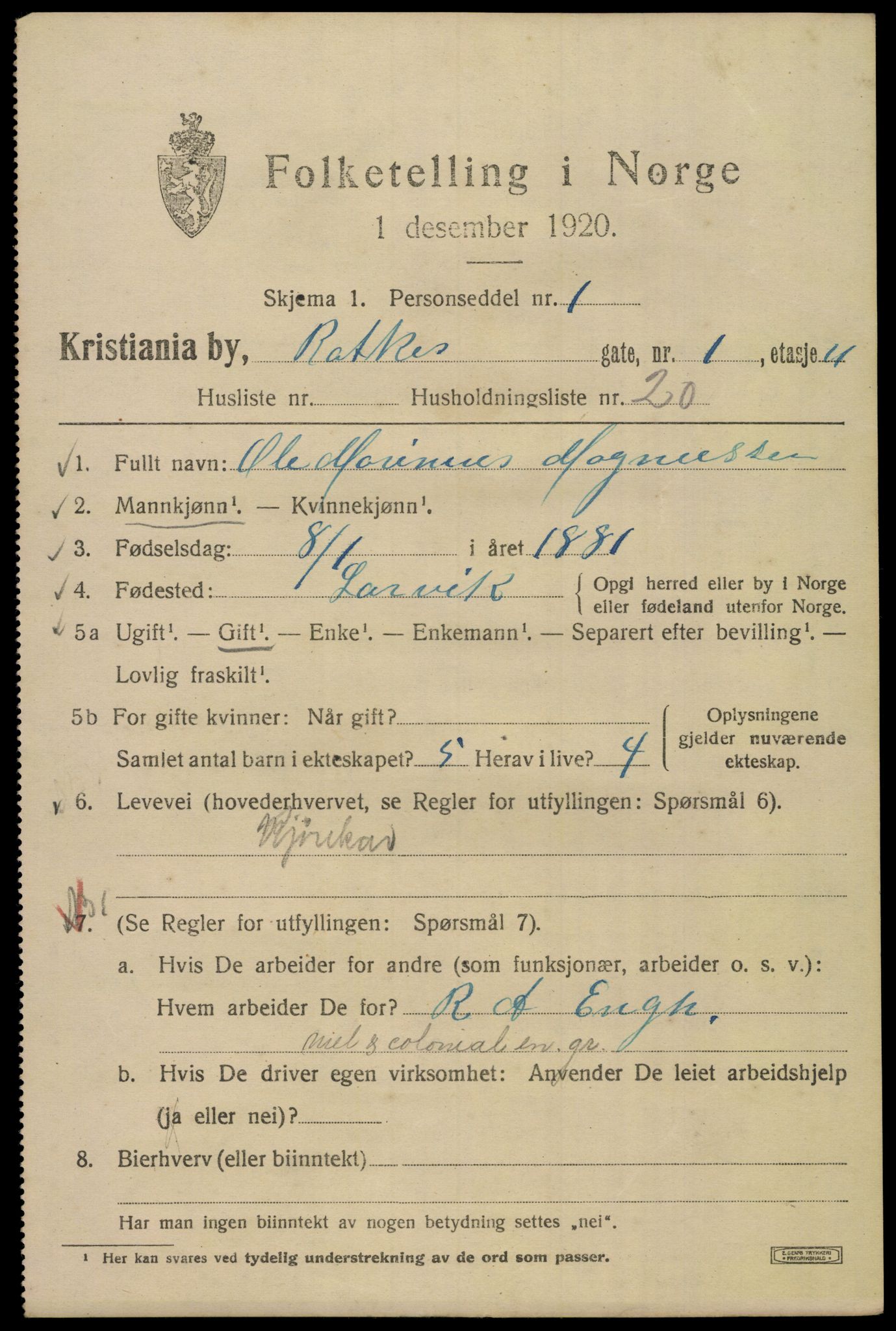 SAO, 1920 census for Kristiania, 1920, p. 461121