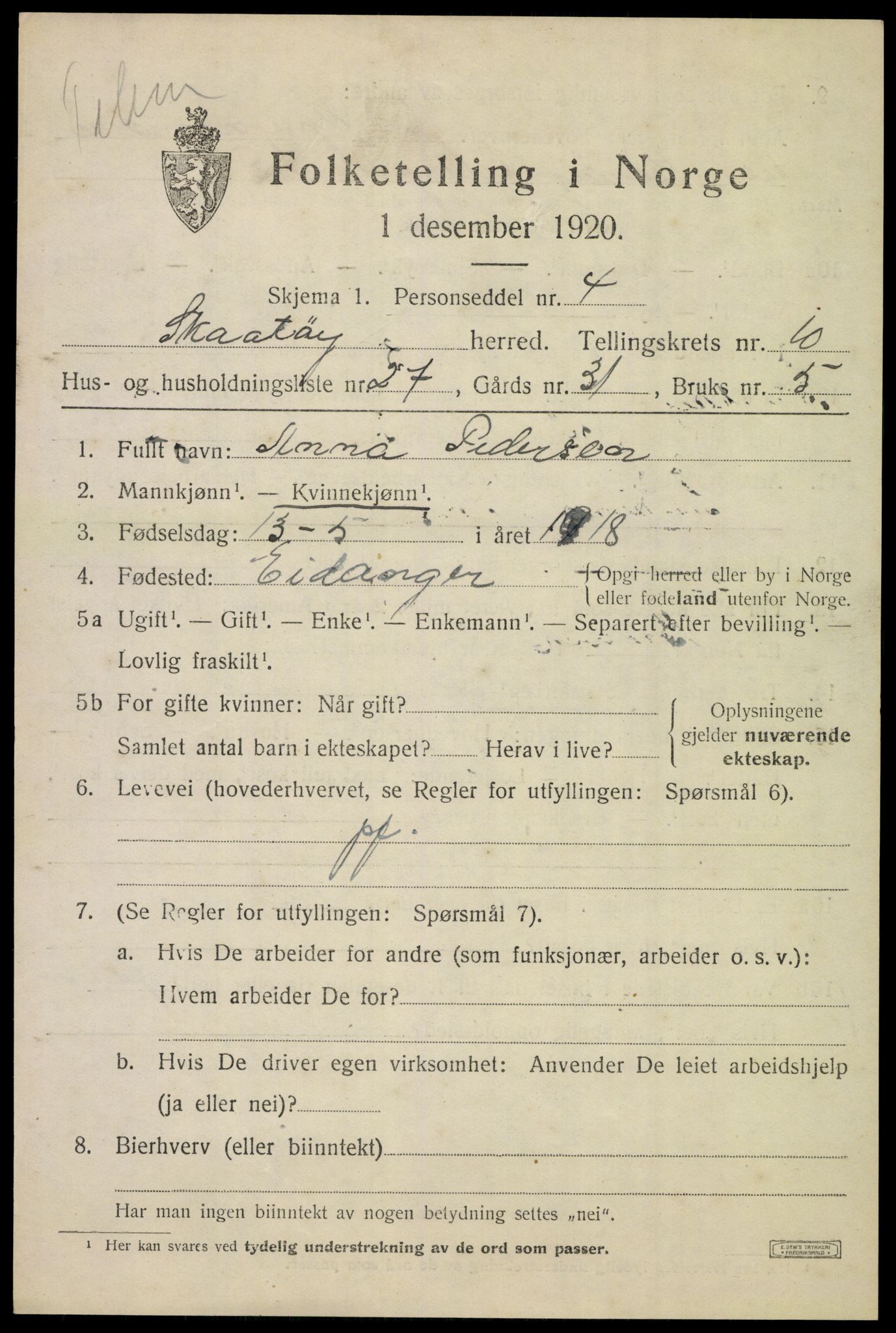 SAKO, 1920 census for Skåtøy, 1920, p. 7618