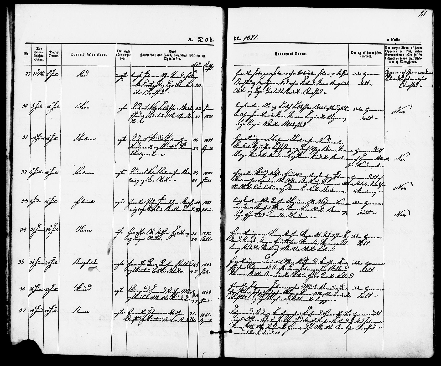 Suldal sokneprestkontor, AV/SAST-A-101845/01/IV/L0010: Parish register (official) no. A 10, 1869-1878, p. 21