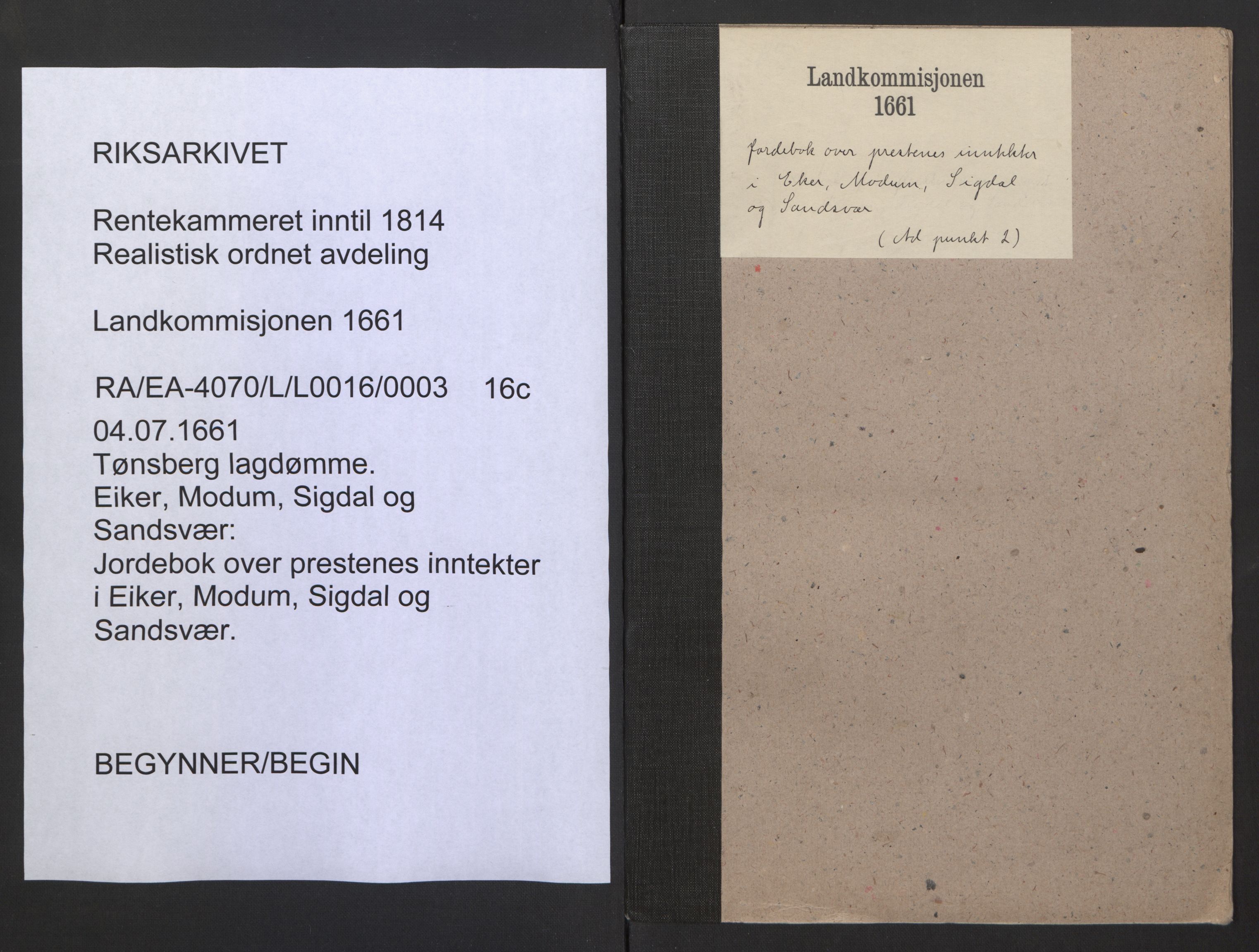 Rentekammeret inntil 1814, Realistisk ordnet avdeling, AV/RA-EA-4070/L/L0016/0003: Tønsberg lagdømme. Eiker, Modum, Sigdal og Sandsvær: / Jordebok over prestenes inntekter i Eiker, Modum, Sigdal og Sandsvær, 1661