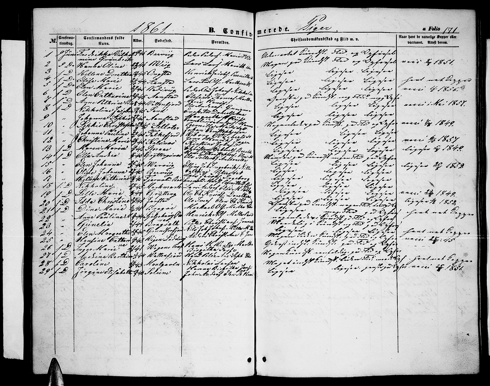 Ministerialprotokoller, klokkerbøker og fødselsregistre - Nordland, AV/SAT-A-1459/888/L1265: Parish register (copy) no. 888C03, 1850-1863, p. 171