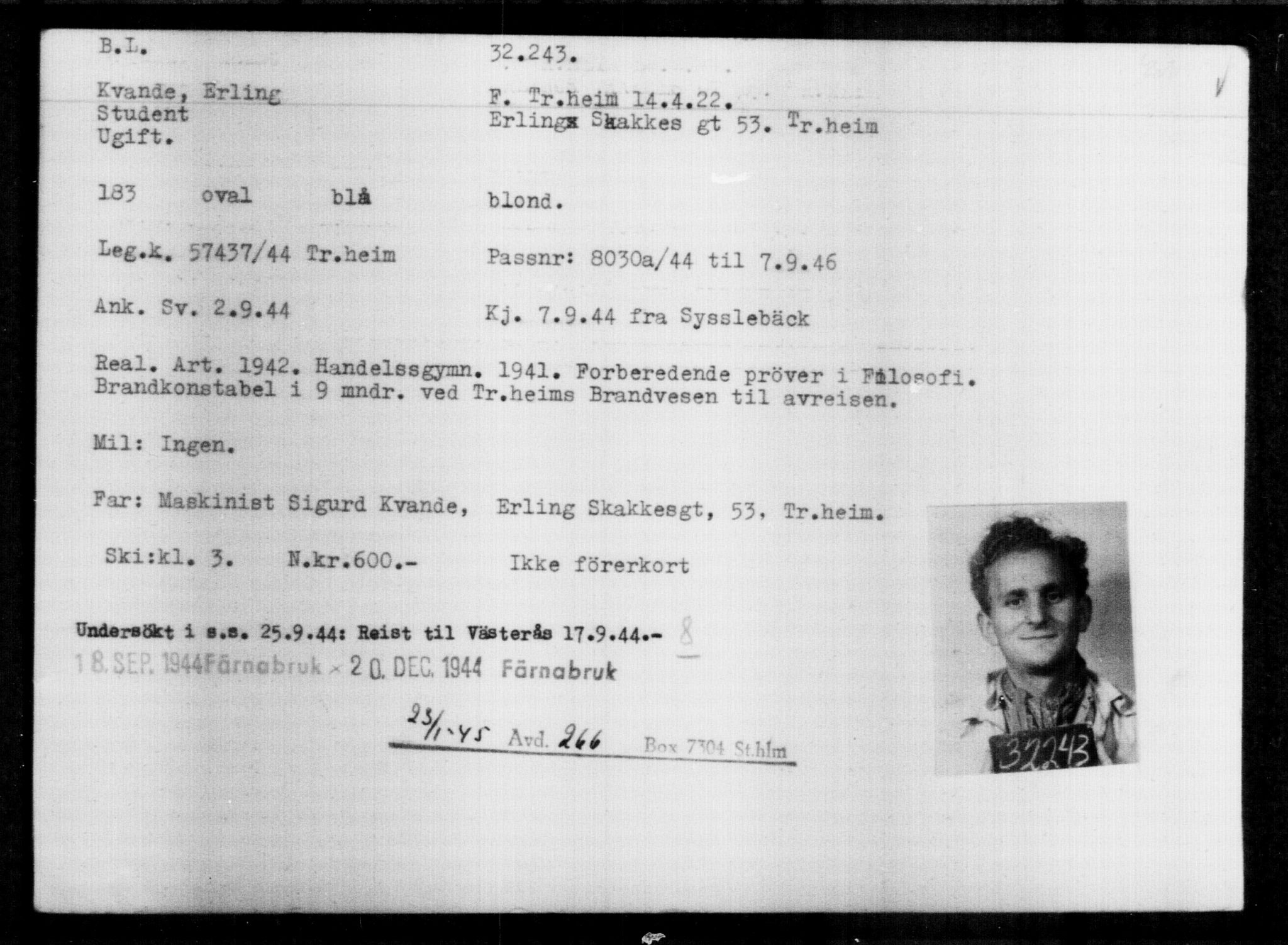 Utenriksstasjonene, Legasjonen i Stockholm, Flyktningkontoret, AV/RA-S-6753/V/Va/L0013: Kjesäterkartoteket, flyktninger med registreringsnr. 31500-34731, 1940-1945, p. 791