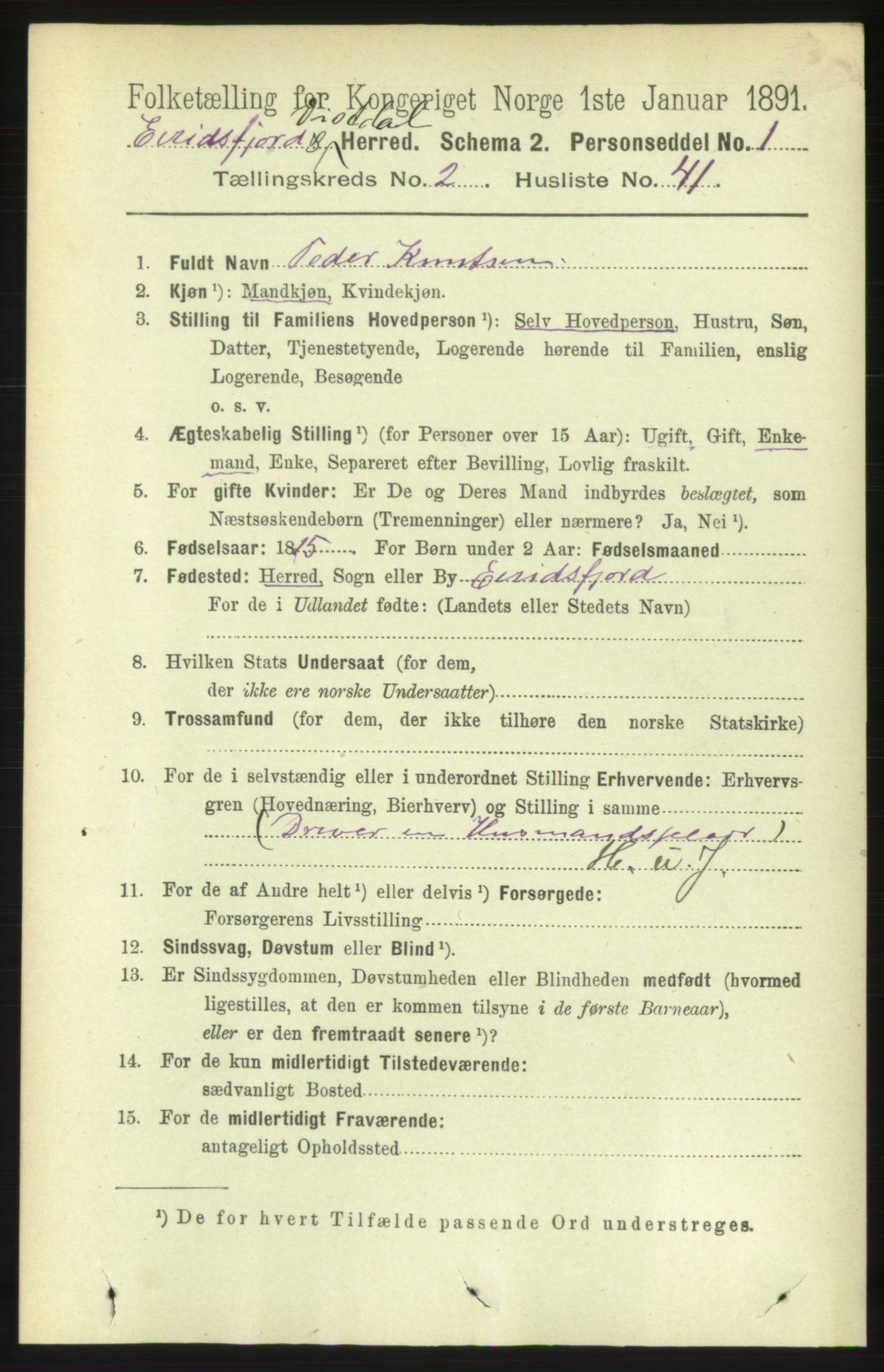 RA, 1891 census for 1542 Eresfjord og Vistdal, 1891, p. 542