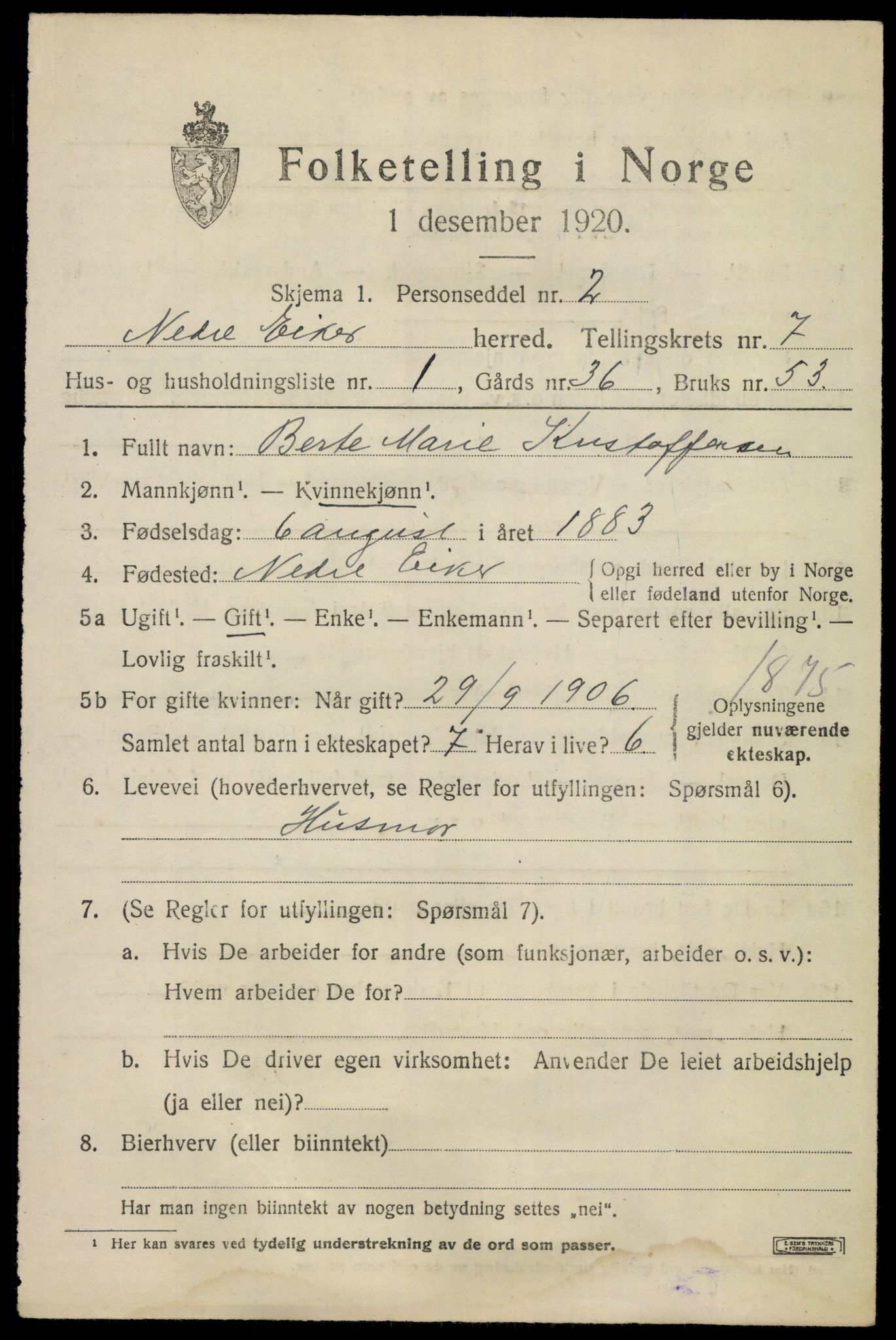 SAKO, 1920 census for Nedre Eiker, 1920, p. 7405