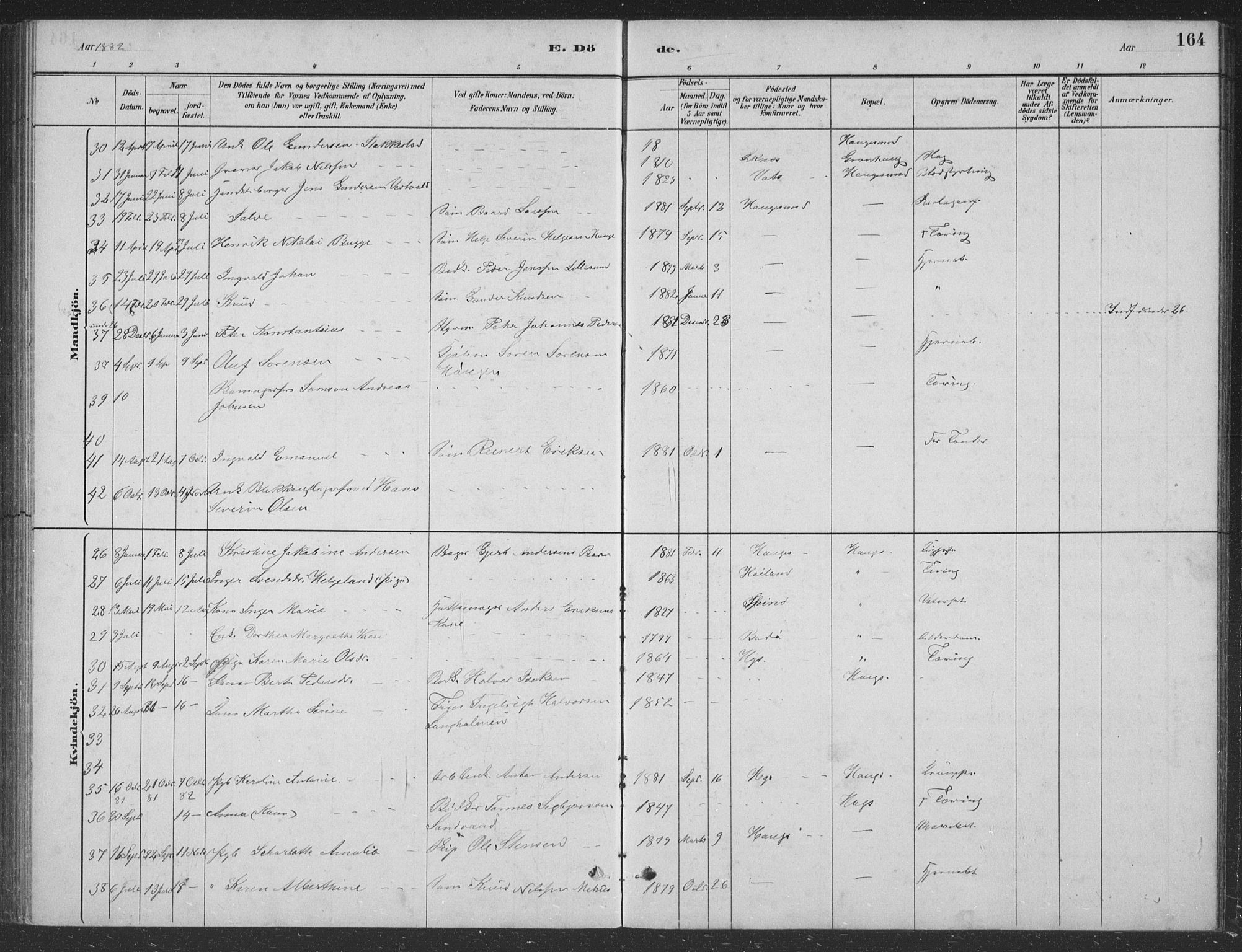 Haugesund sokneprestkontor, AV/SAST-A -101863/H/Ha/Hab/L0002: Parish register (copy) no. B 2, 1881-1894, p. 164