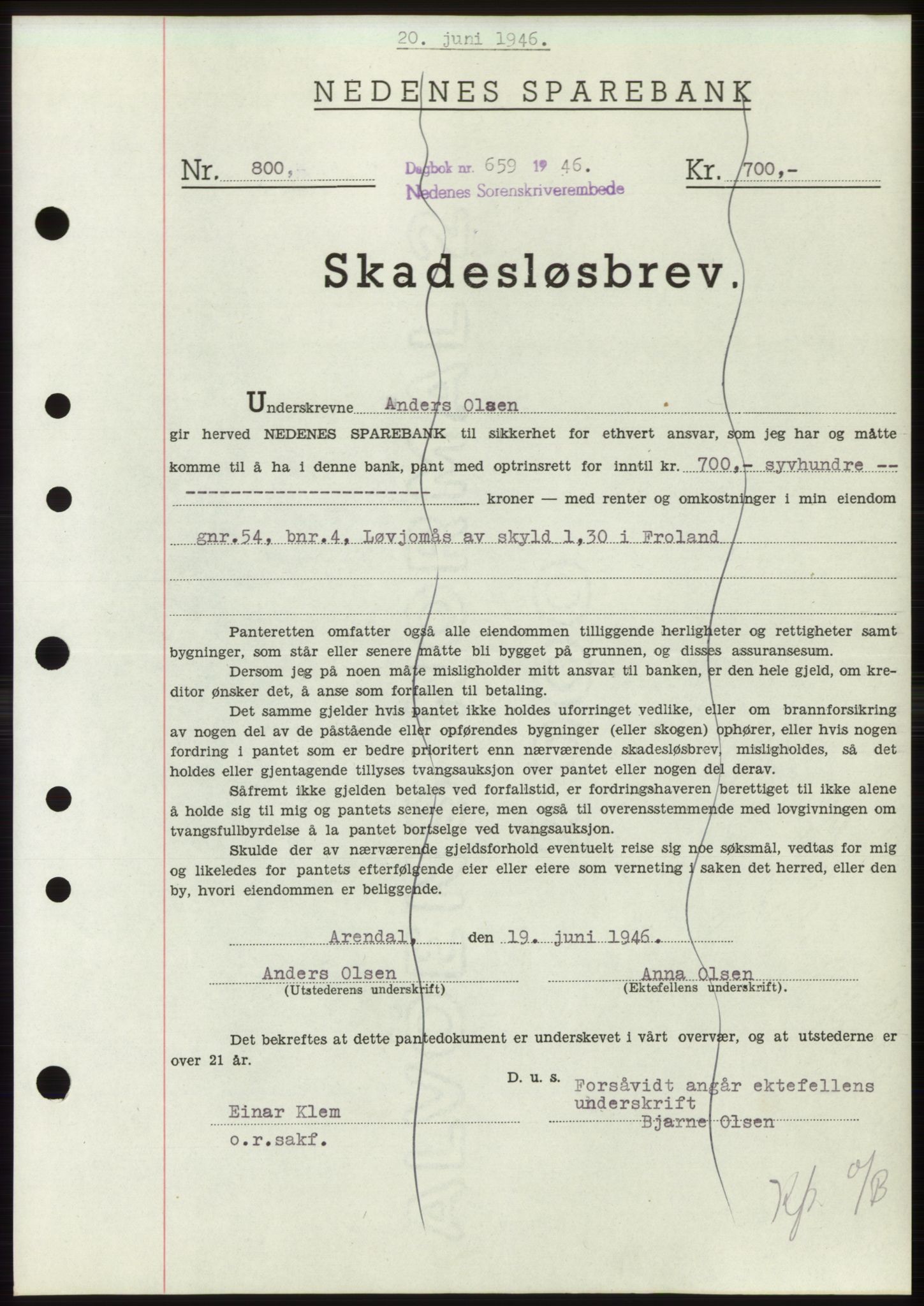 Nedenes sorenskriveri, SAK/1221-0006/G/Gb/Gbb/L0003: Mortgage book no. B3b, 1946-1946, Diary no: : 659/1946