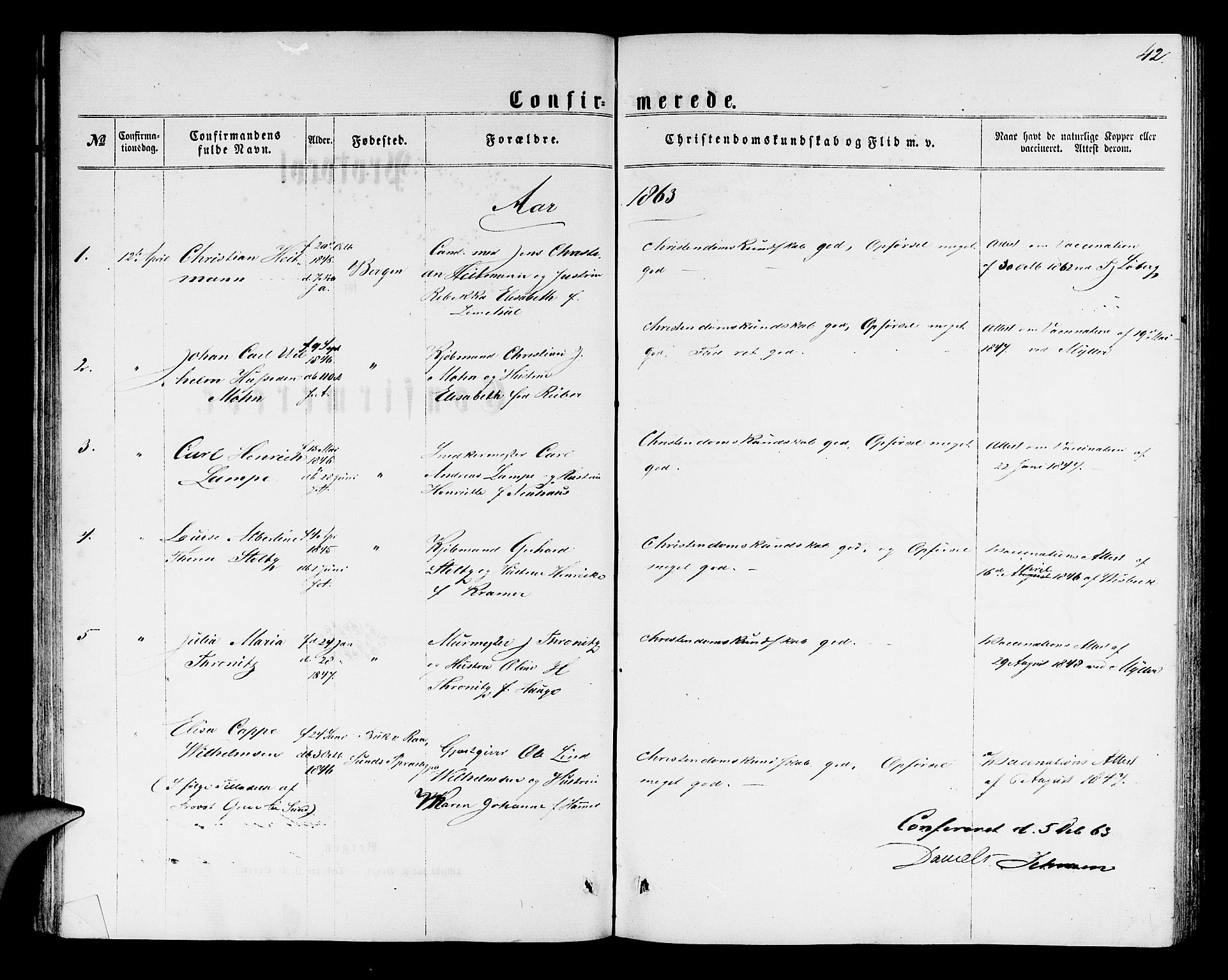Mariakirken Sokneprestembete, SAB/A-76901/H/Hab/L0003: Parish register (copy) no. A 3, 1862-1877, p. 42