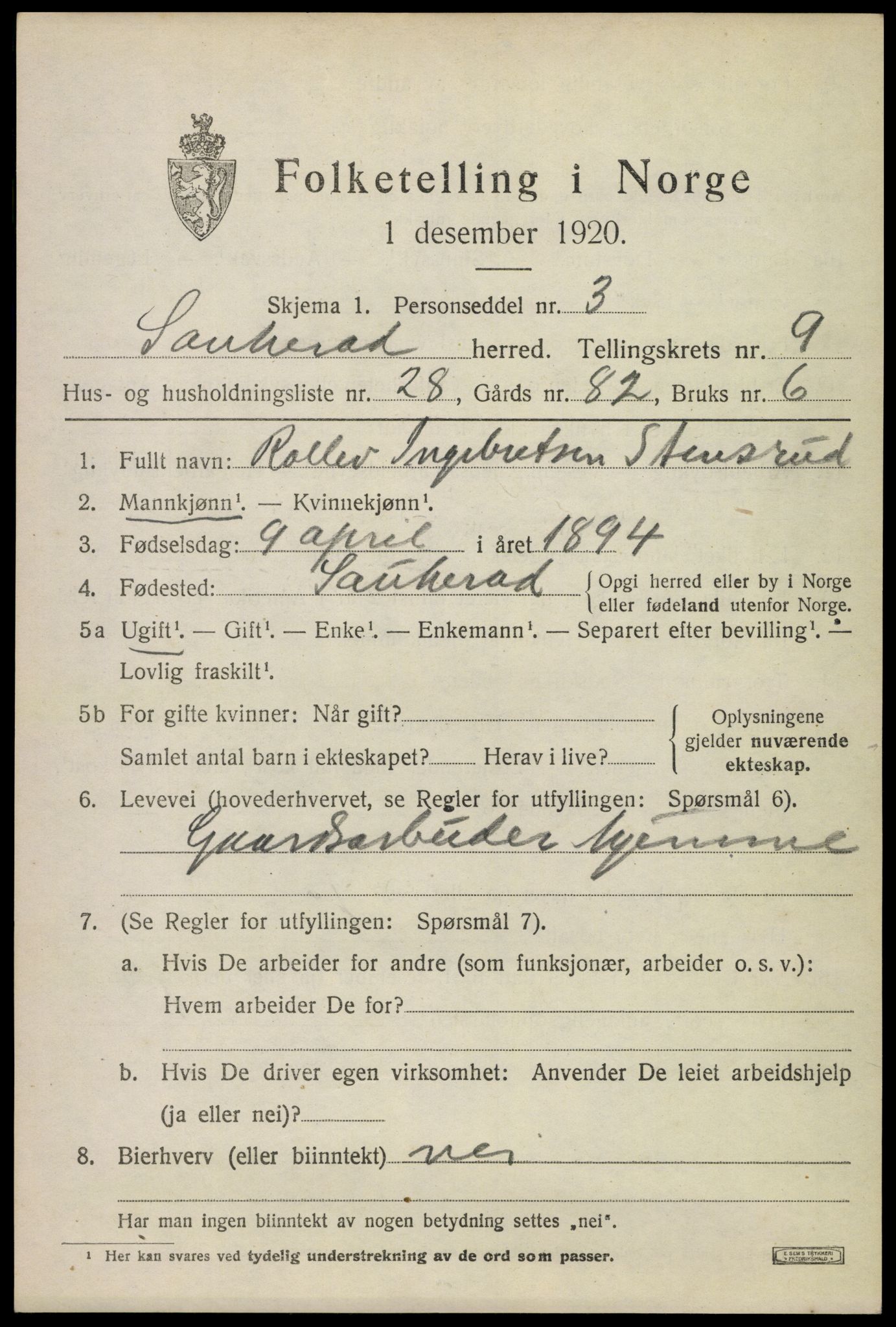 SAKO, 1920 census for Sauherad, 1920, p. 7131