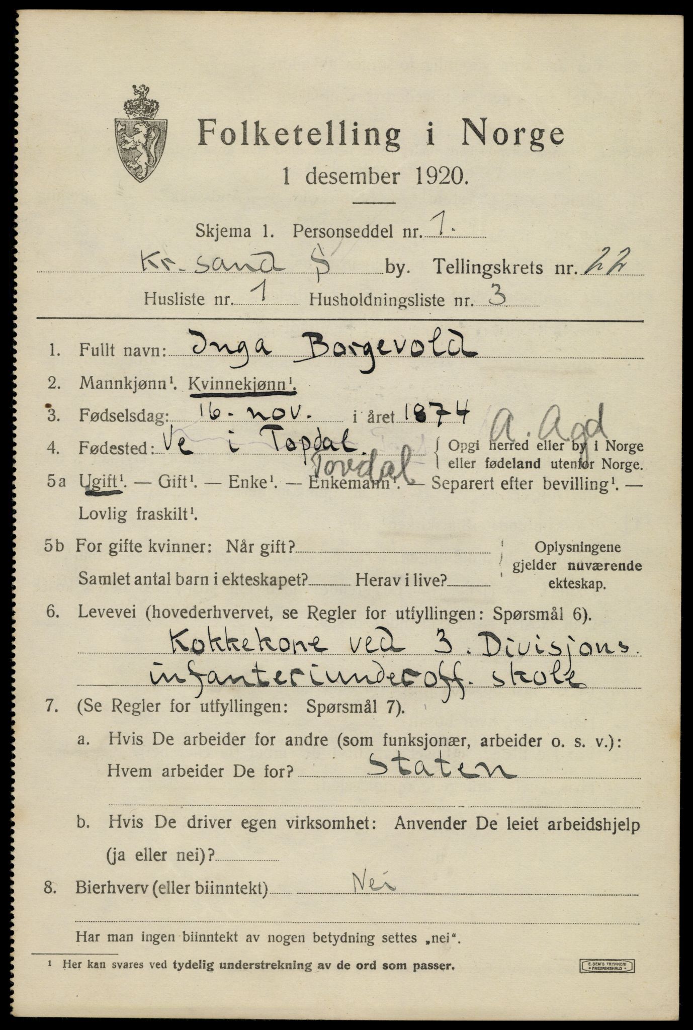 SAK, 1920 census for Kristiansand, 1920, p. 38405