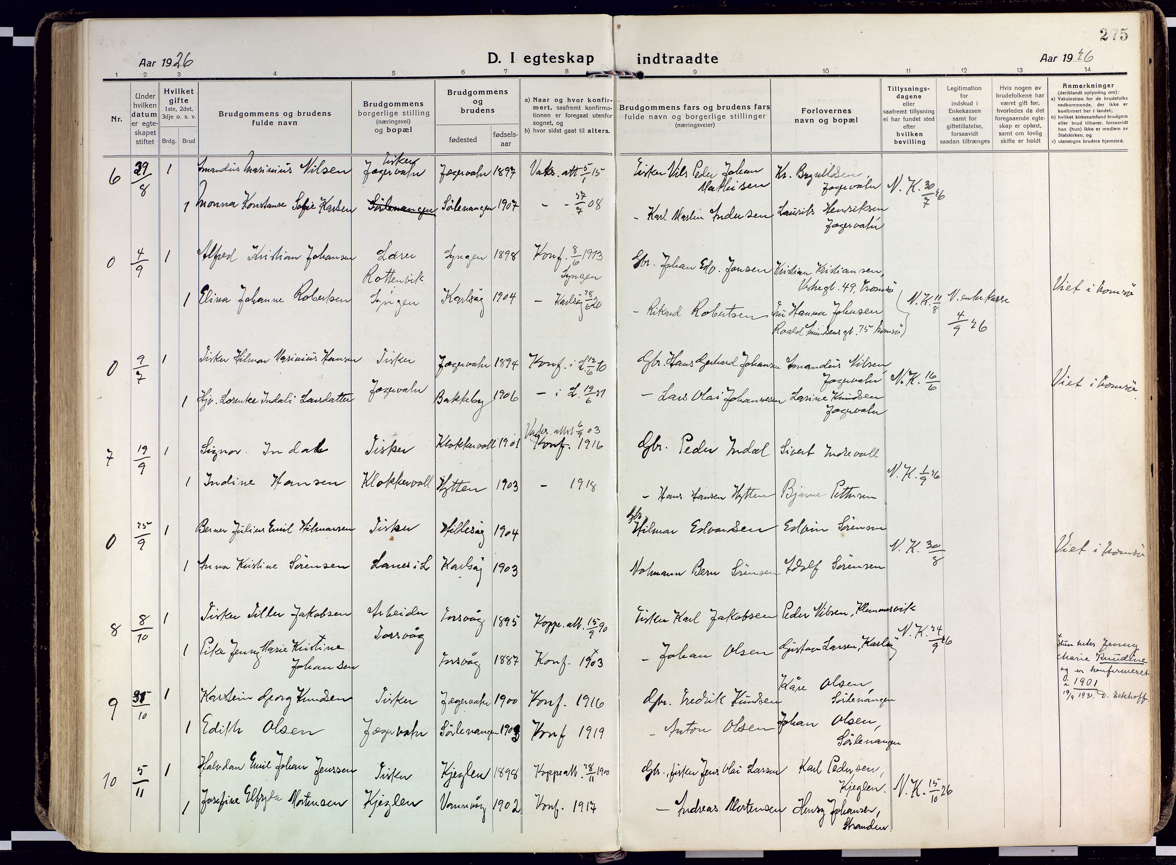 Karlsøy sokneprestembete, AV/SATØ-S-1299/H/Ha/Haa/L0015kirke: Parish register (official) no. 15, 1918-1929, p. 275