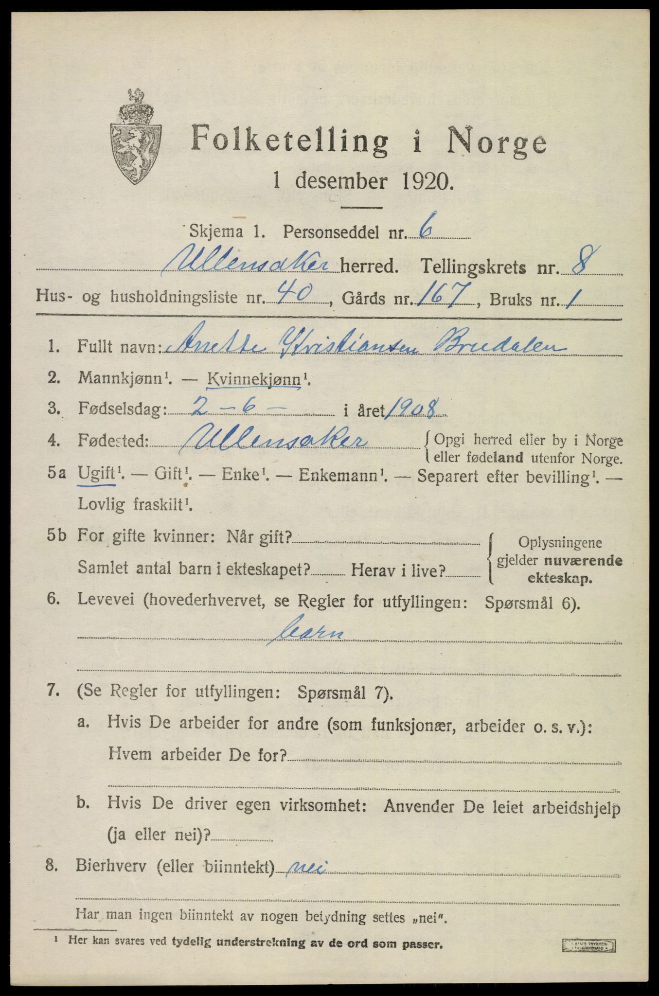 SAO, 1920 census for Ullensaker, 1920, p. 14635