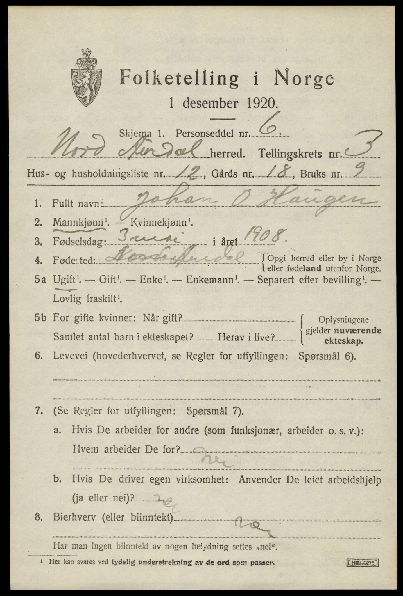 SAH, 1920 census for Nord-Aurdal, 1920, p. 3306