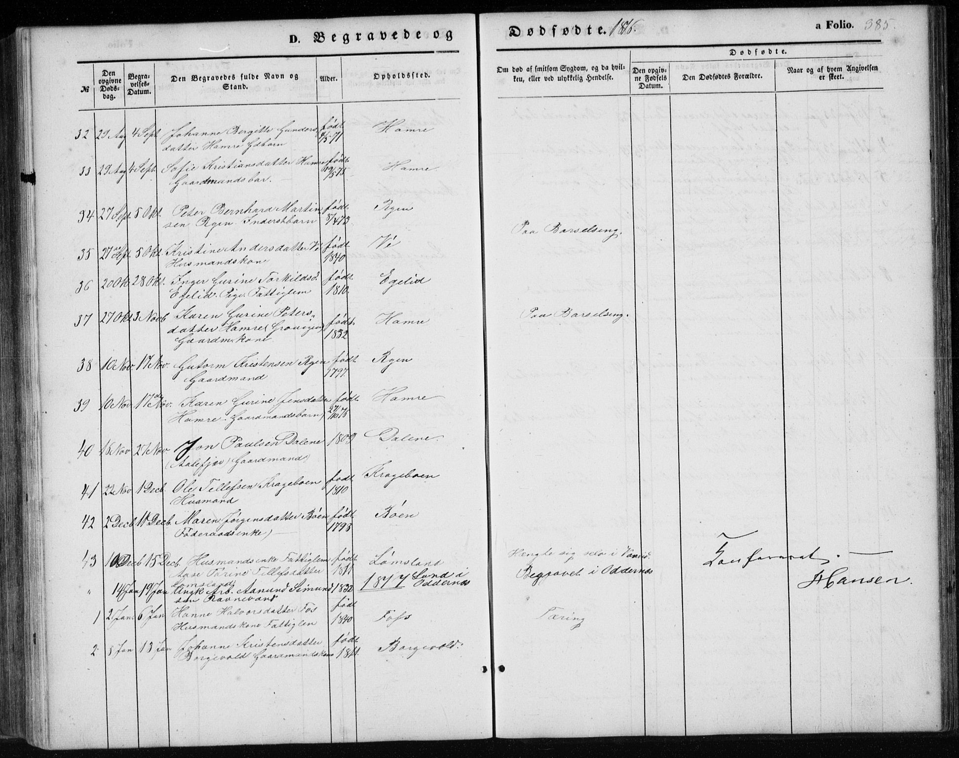 Tveit sokneprestkontor, SAK/1111-0043/F/Fb/L0003: Parish register (copy) no. B 3, 1854-1886, p. 385