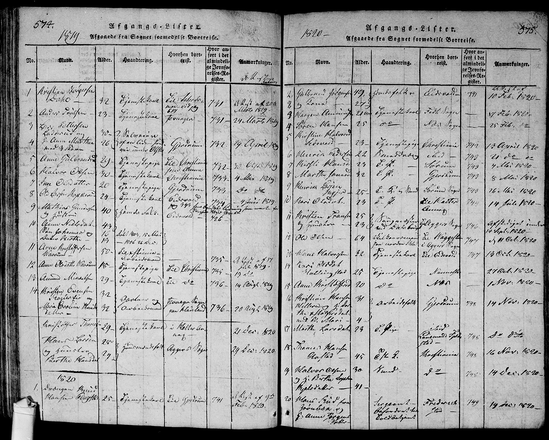 Ullensaker prestekontor Kirkebøker, SAO/A-10236a/G/Ga/L0001: Parish register (copy) no. I 1, 1815-1835, p. 574-575