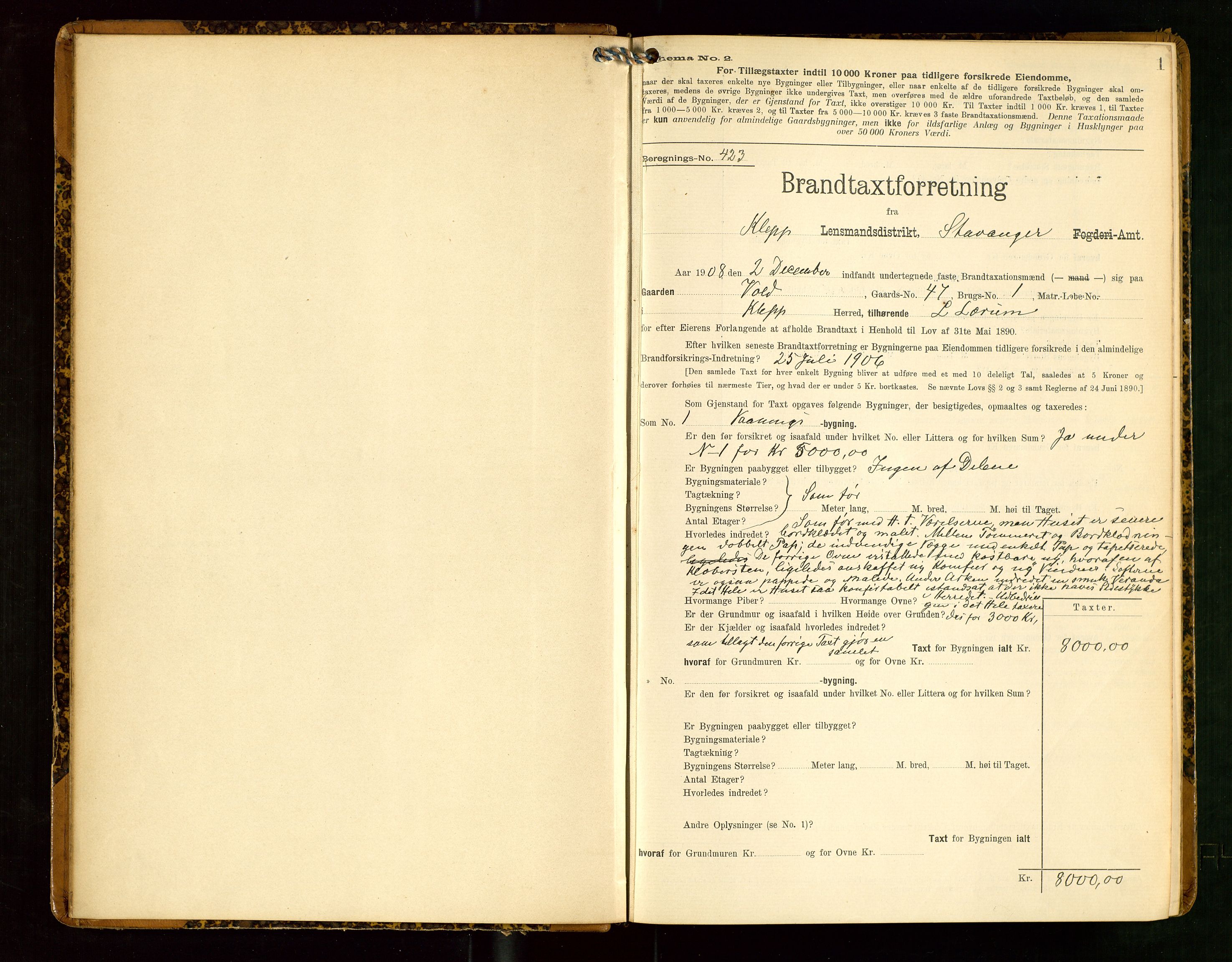Klepp lensmannskontor, SAST/A-100163/Goc/L0006: "Brandtaxationsprotokol" m/register, 1908-1912, p. 1