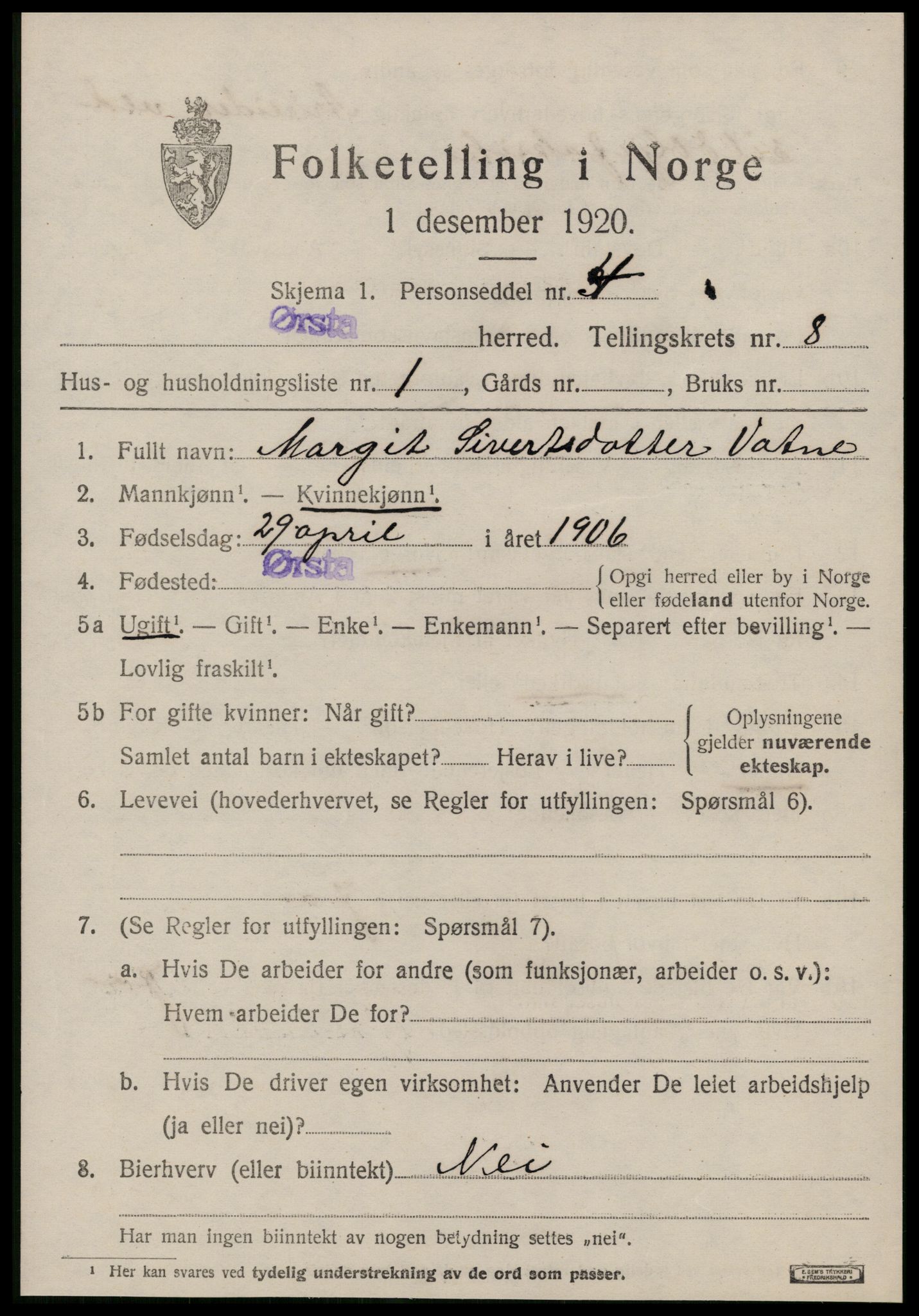 SAT, 1920 census for Ørsta, 1920, p. 5984