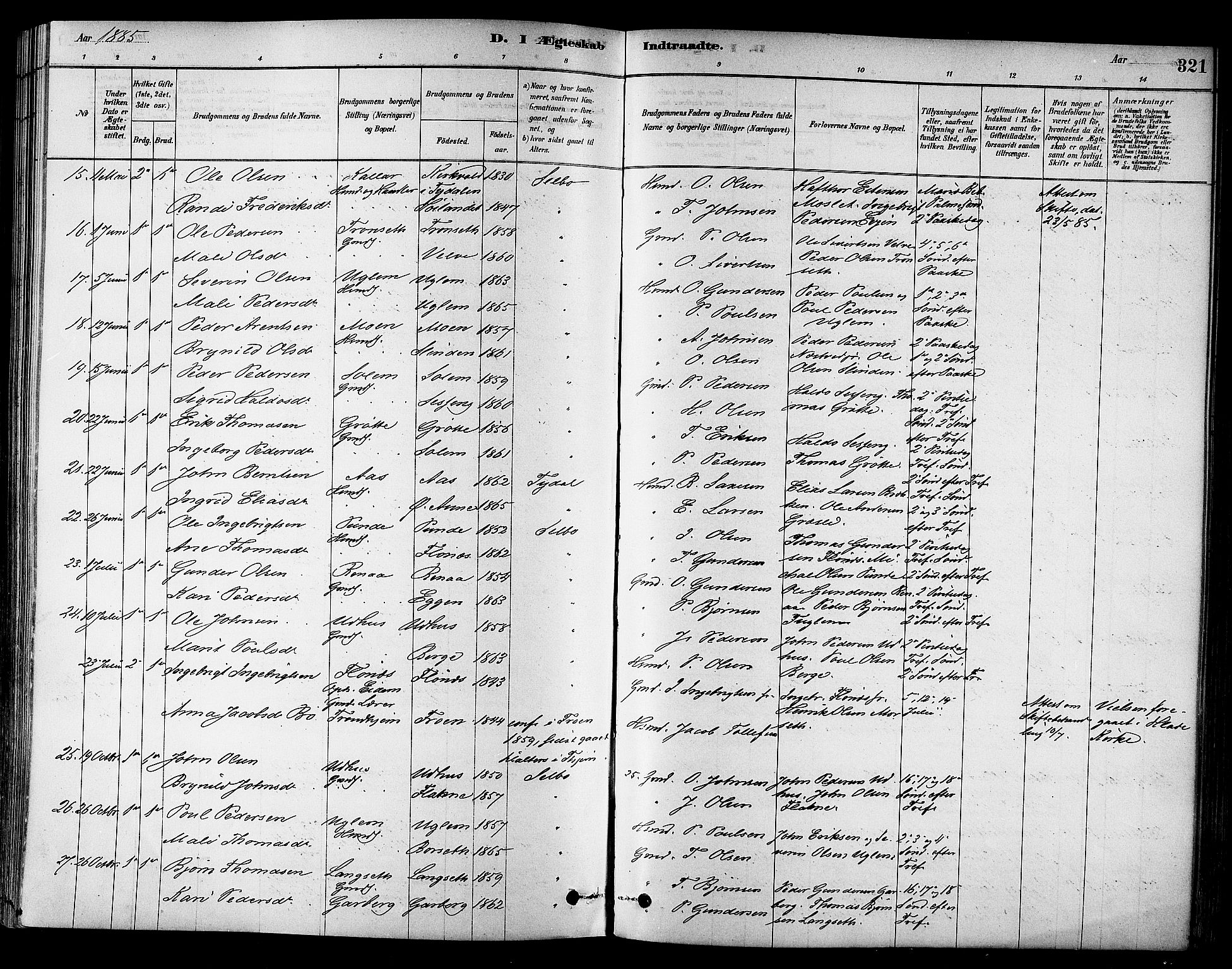 Ministerialprotokoller, klokkerbøker og fødselsregistre - Sør-Trøndelag, SAT/A-1456/695/L1148: Parish register (official) no. 695A08, 1878-1891, p. 321