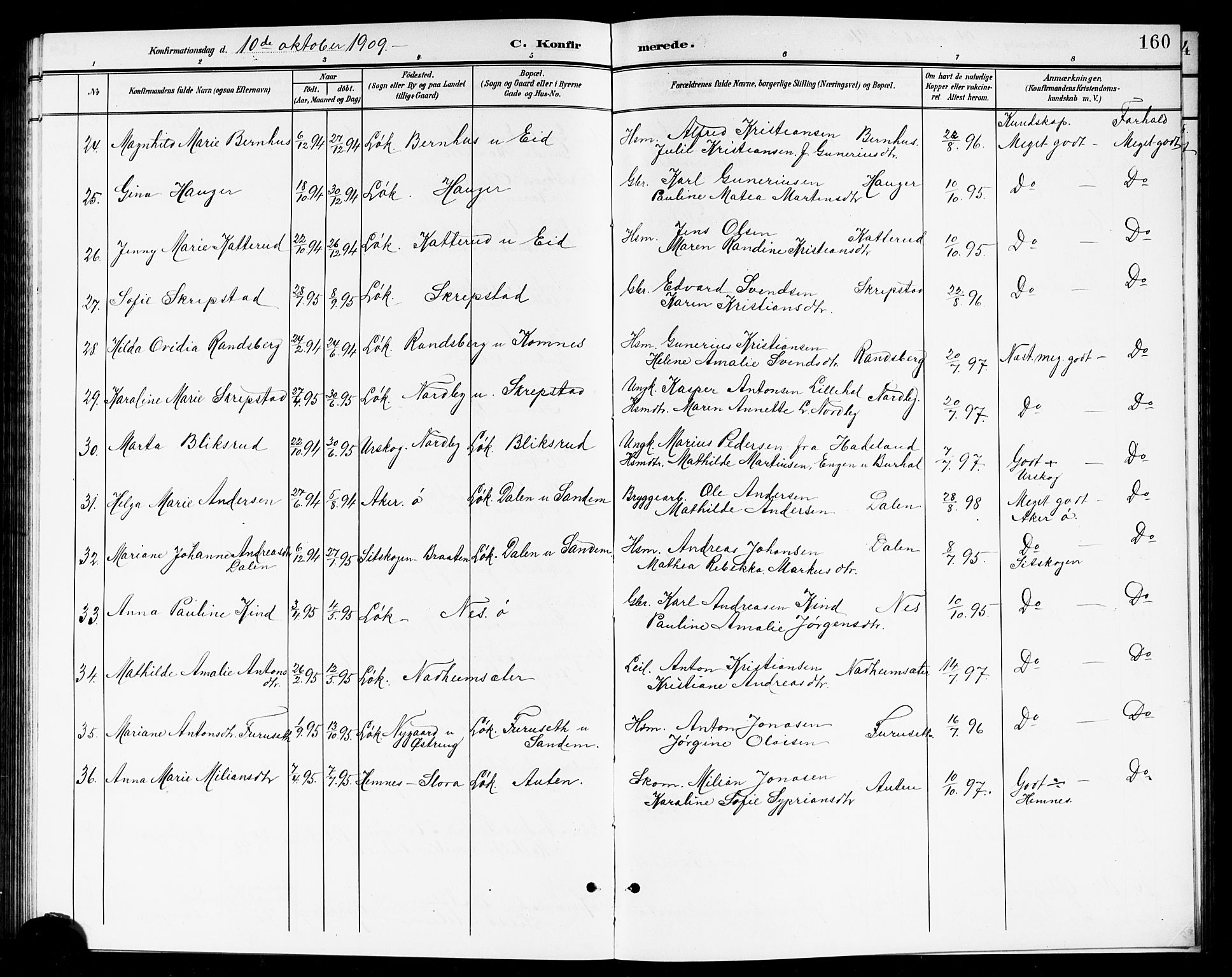 Høland prestekontor Kirkebøker, SAO/A-10346a/G/Ga/L0007: Parish register (copy) no. I 7, 1902-1914, p. 160