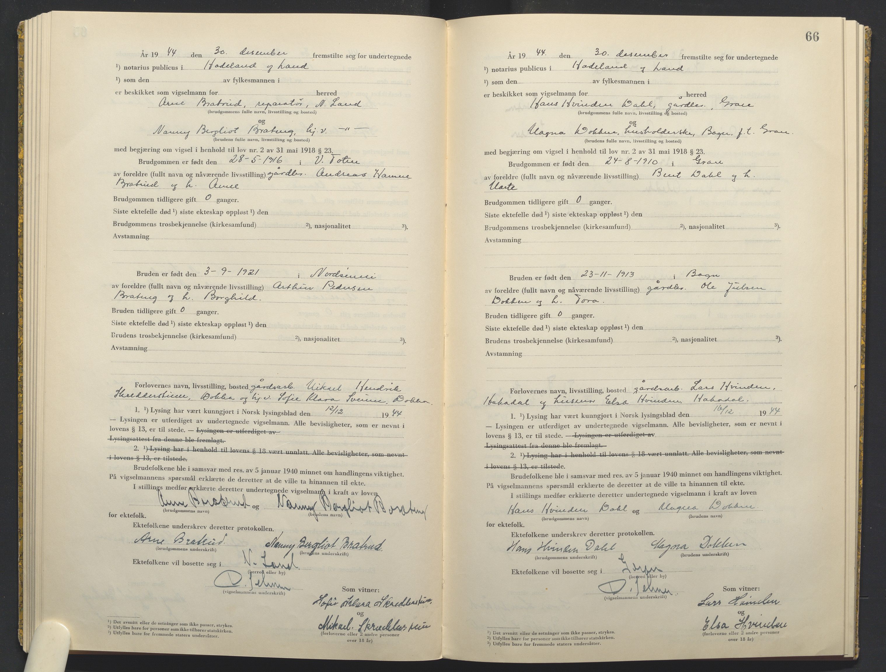 Hadeland og Land tingrett, AV/SAH-TING-010/L/Lb/L0003: Vigselbok, 1944-1946, p. 66