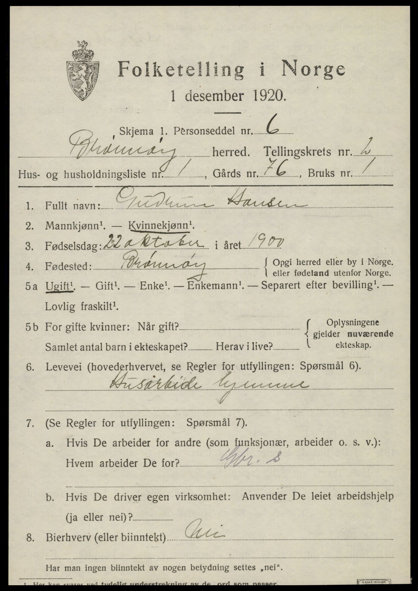 SAT, 1920 census for Brønnøy, 1920, p. 1854