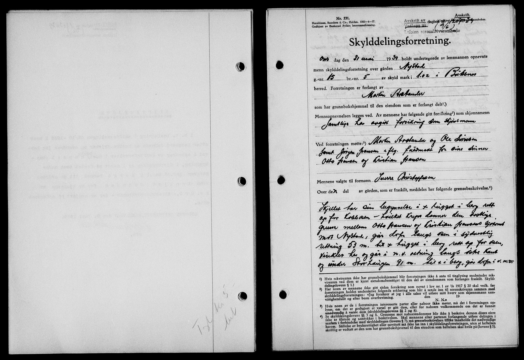 Lofoten sorenskriveri, SAT/A-0017/1/2/2C/L0005a: Mortgage book no. 5a, 1939-1939, Diary no: : 1207/1939